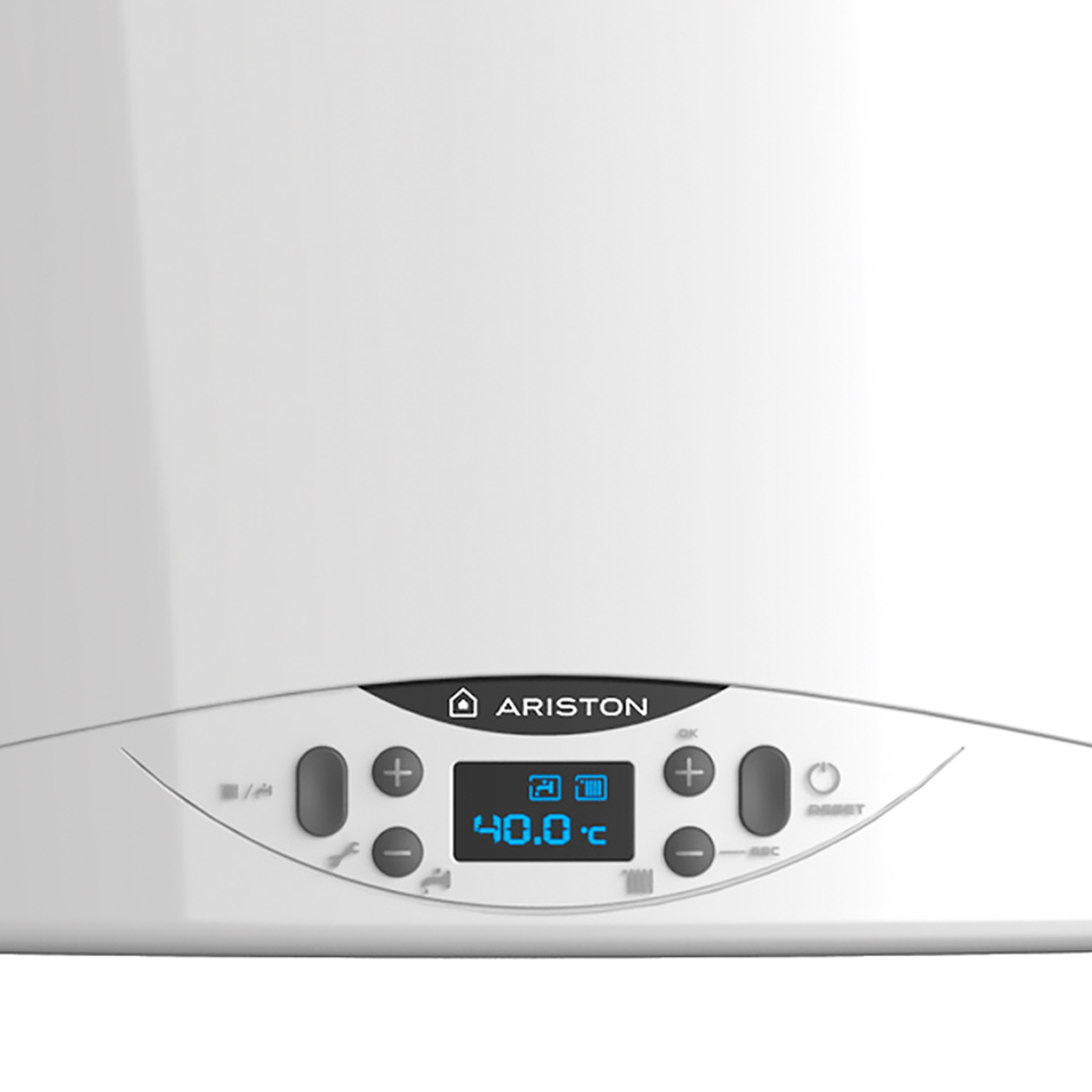Primer plano del panel de control de una caldera Ariston blanca. Muestra la temperatura y los botones de control.