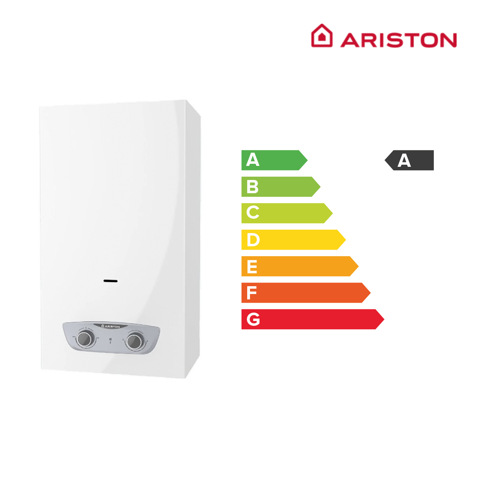 Un calentador de agua ARISTON con etiquetas de eficiencia energética de la A a la G.