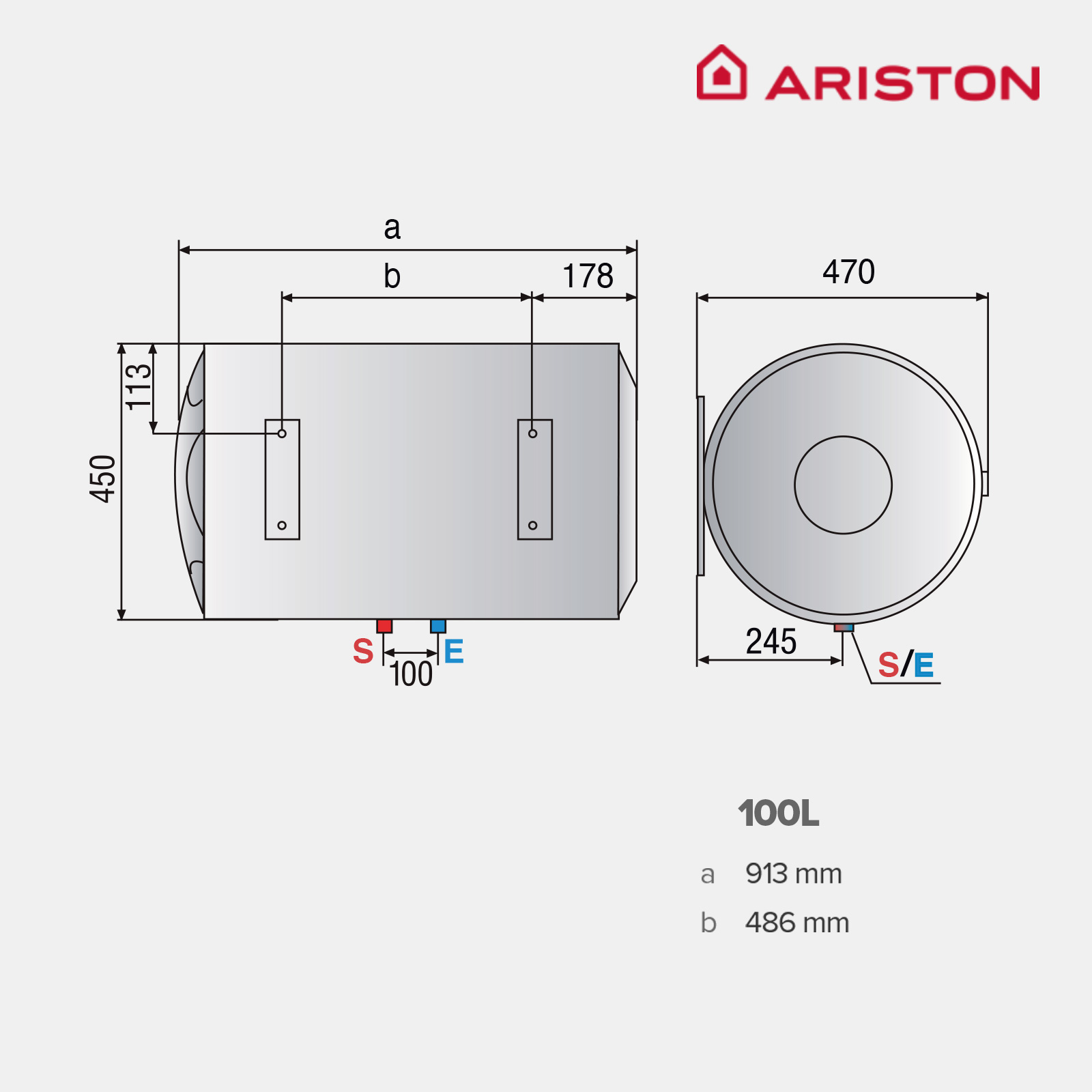Diagrama de un calentador de agua. Muestra medidas, puertos de entrada/salida y logotipo de marca: ARISTON.