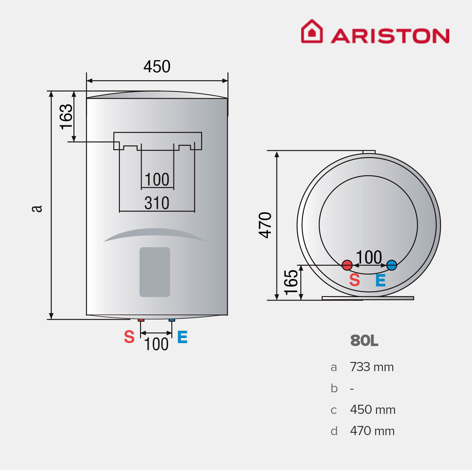 Diagrama de un calentador de agua blanco con dimensiones y el logotipo de Ariston.