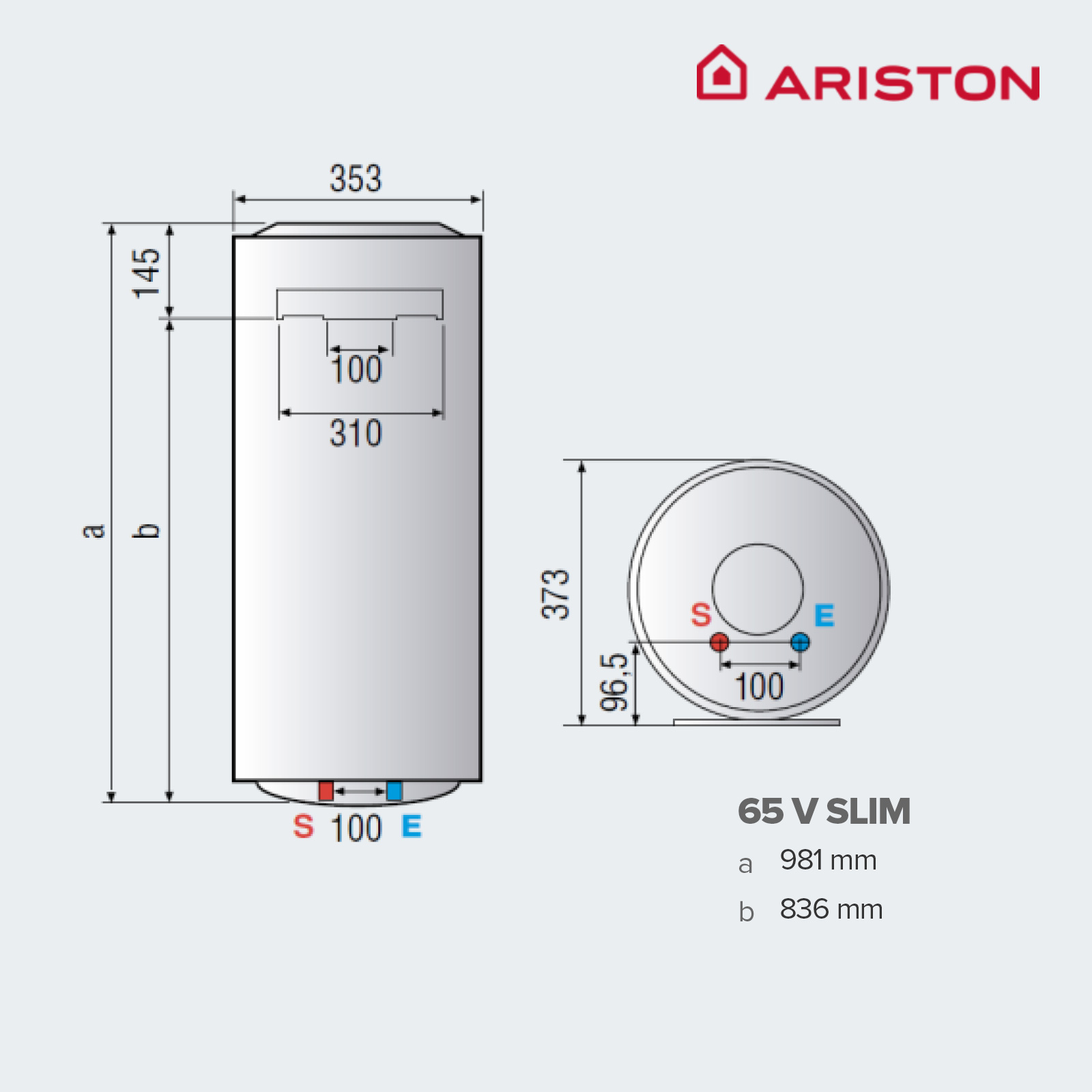 Un diagrama del calentador de agua Ariston. Muestra dimensiones y puntos de conexión.