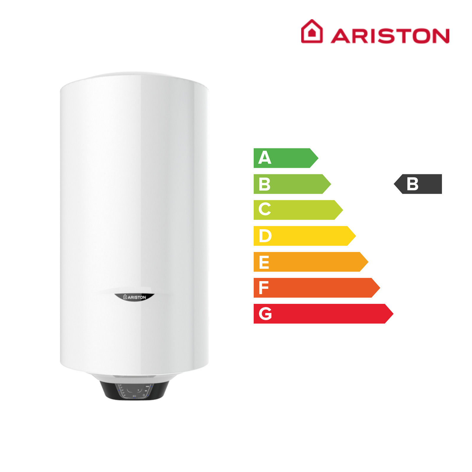 Calentador de agua Ariston blanco con clasificación de eficiencia energética B. Fondo blanco.