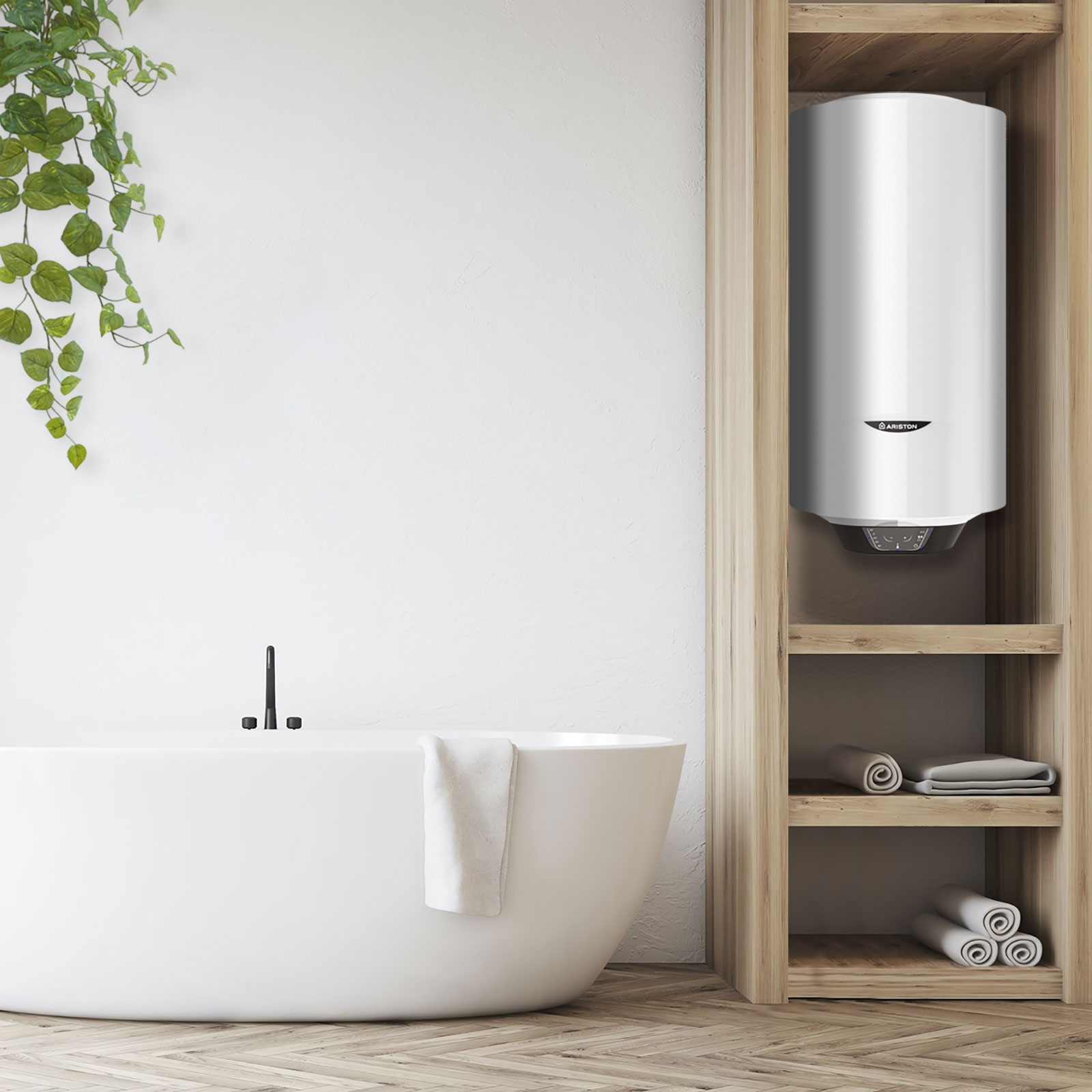 Calentador de agua blanco en un armario de madera, junto a una bañera. Luz natural.