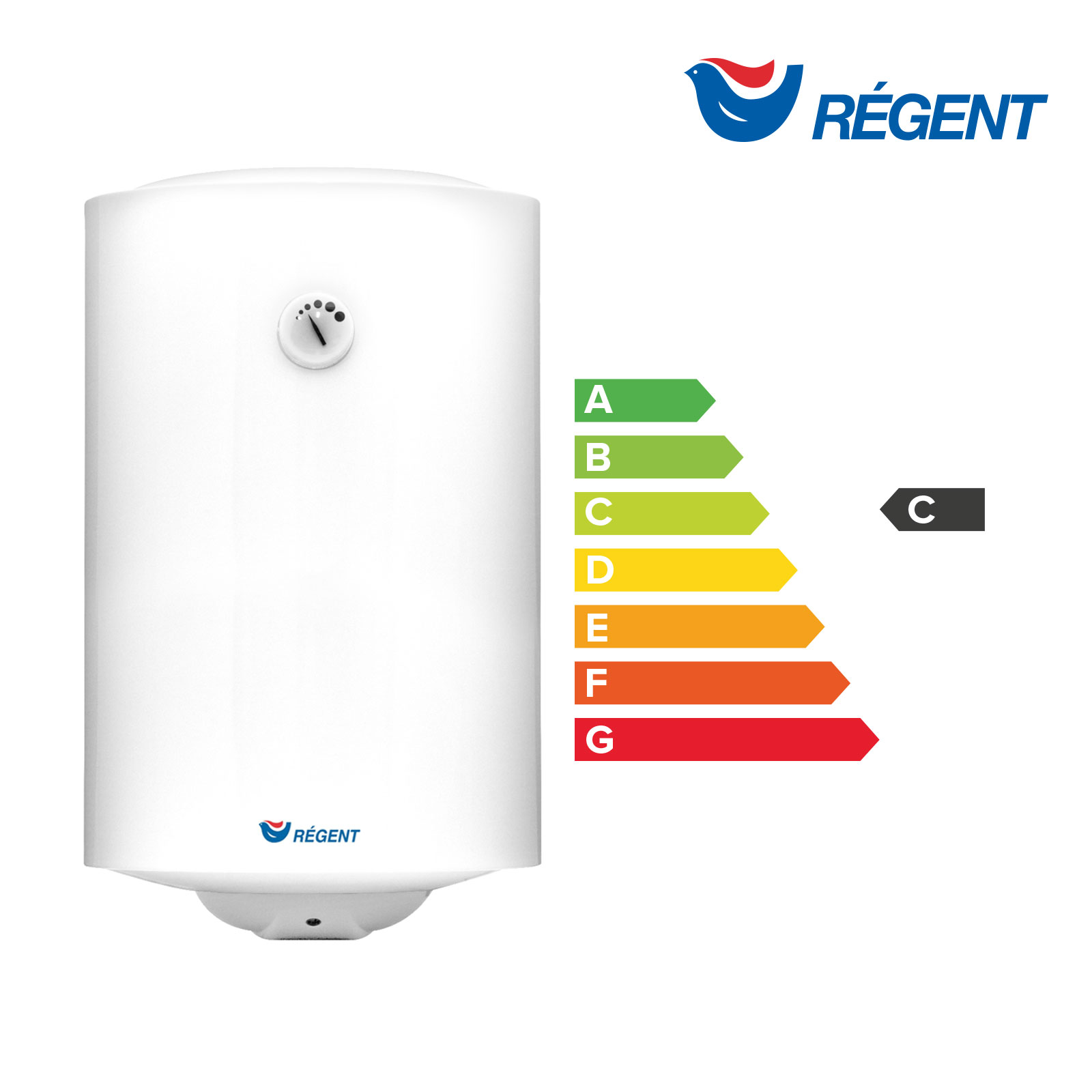 Calentador de agua blanco con etiqueta energética C y la marca REGENT.