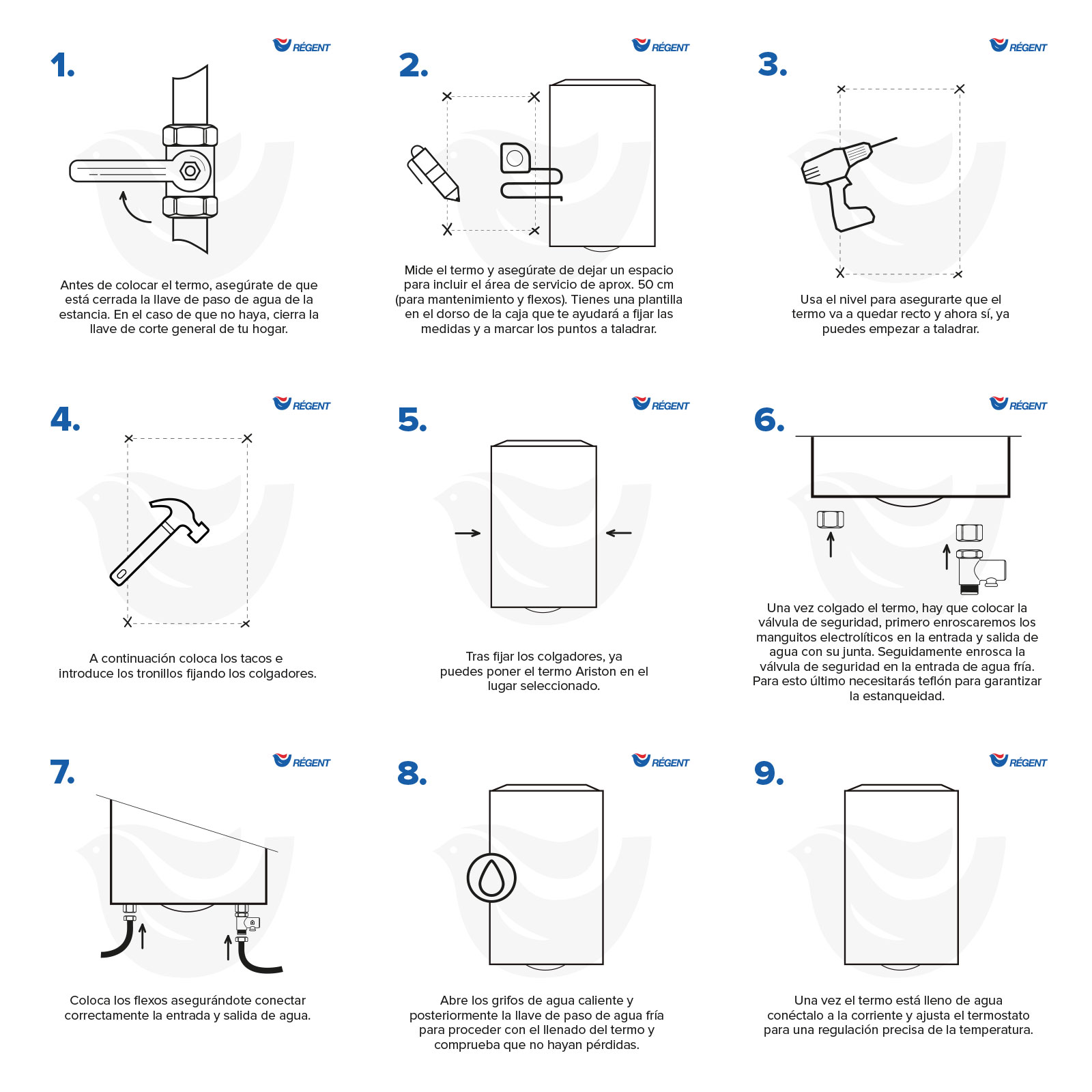 Instrucciones de fontanería: instalación de válvula, marcado del espacio, perforación, inserción de tornillos y conexión de agua.