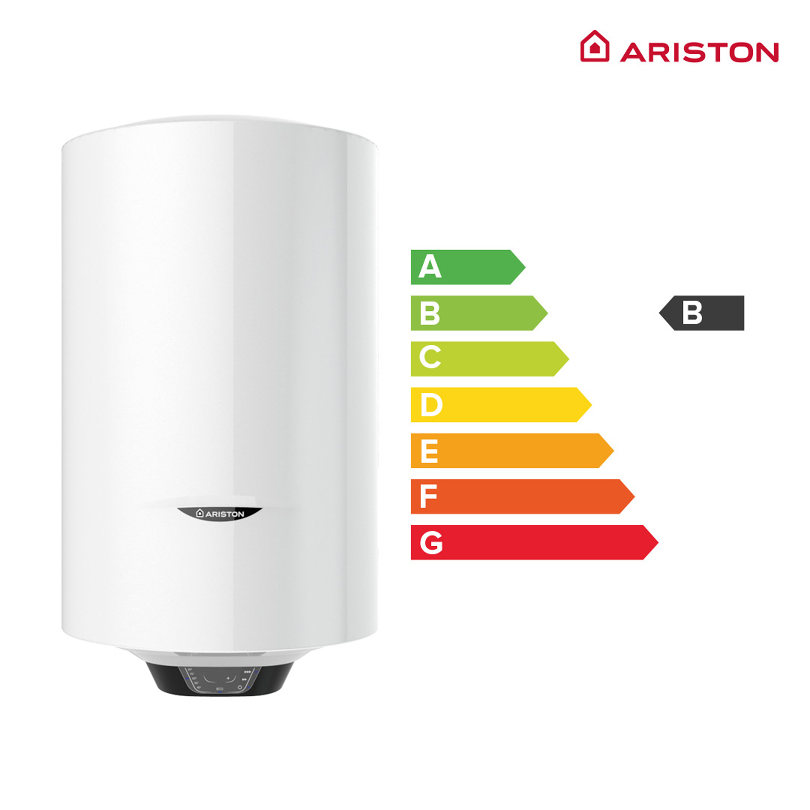 Calentador de agua blanco con etiquetas de eficiencia energética y el logotipo de Ariston.