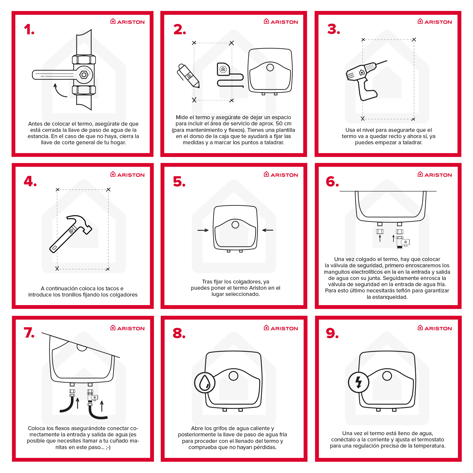 Instrucciones de instalación de nueve pasos para un calentador de agua, incluidos diagramas y texto.