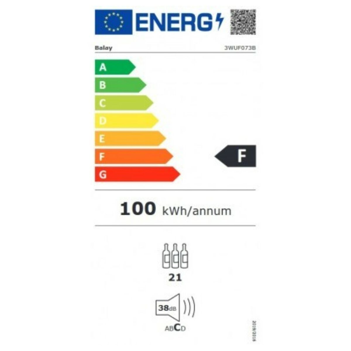 Etykieta energetyczna. Pokazuje klasę efektywności energetycznej F. Wyświetla roczne zużycie energii.