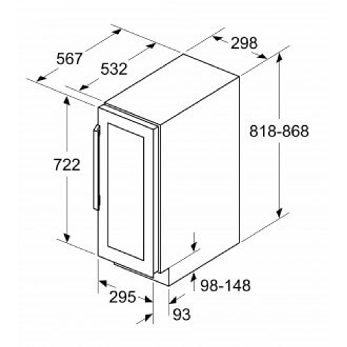 Diagram z wymiarami lodówki do zabudowy, z drzwiami i uchwytem.