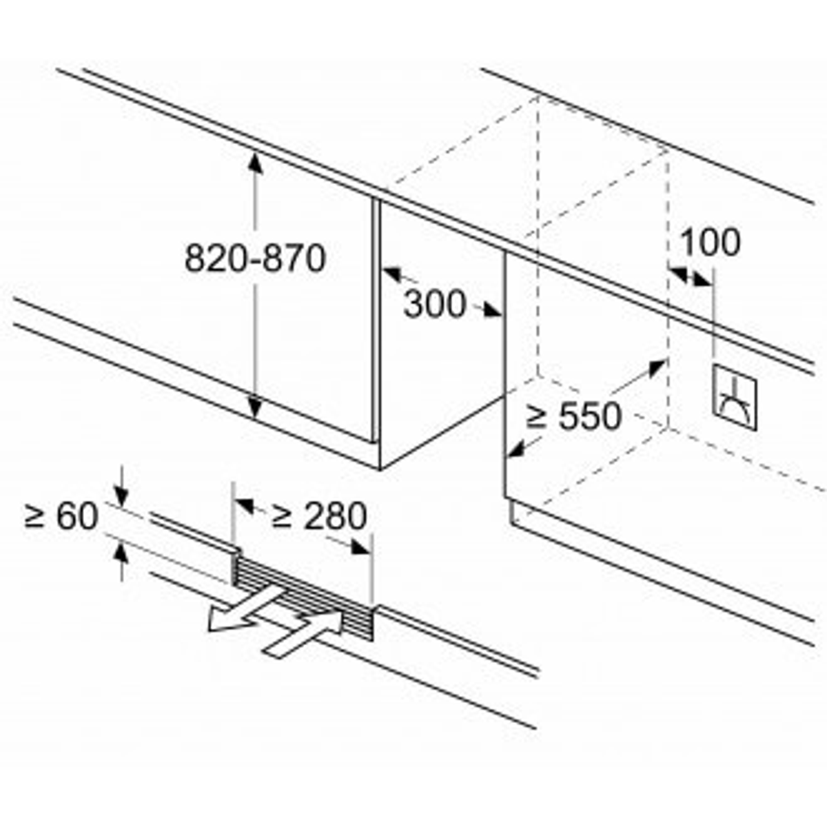 Rysunek techniczny wbudowanego okapu kuchennego. Wymiary podano w milimetrach.