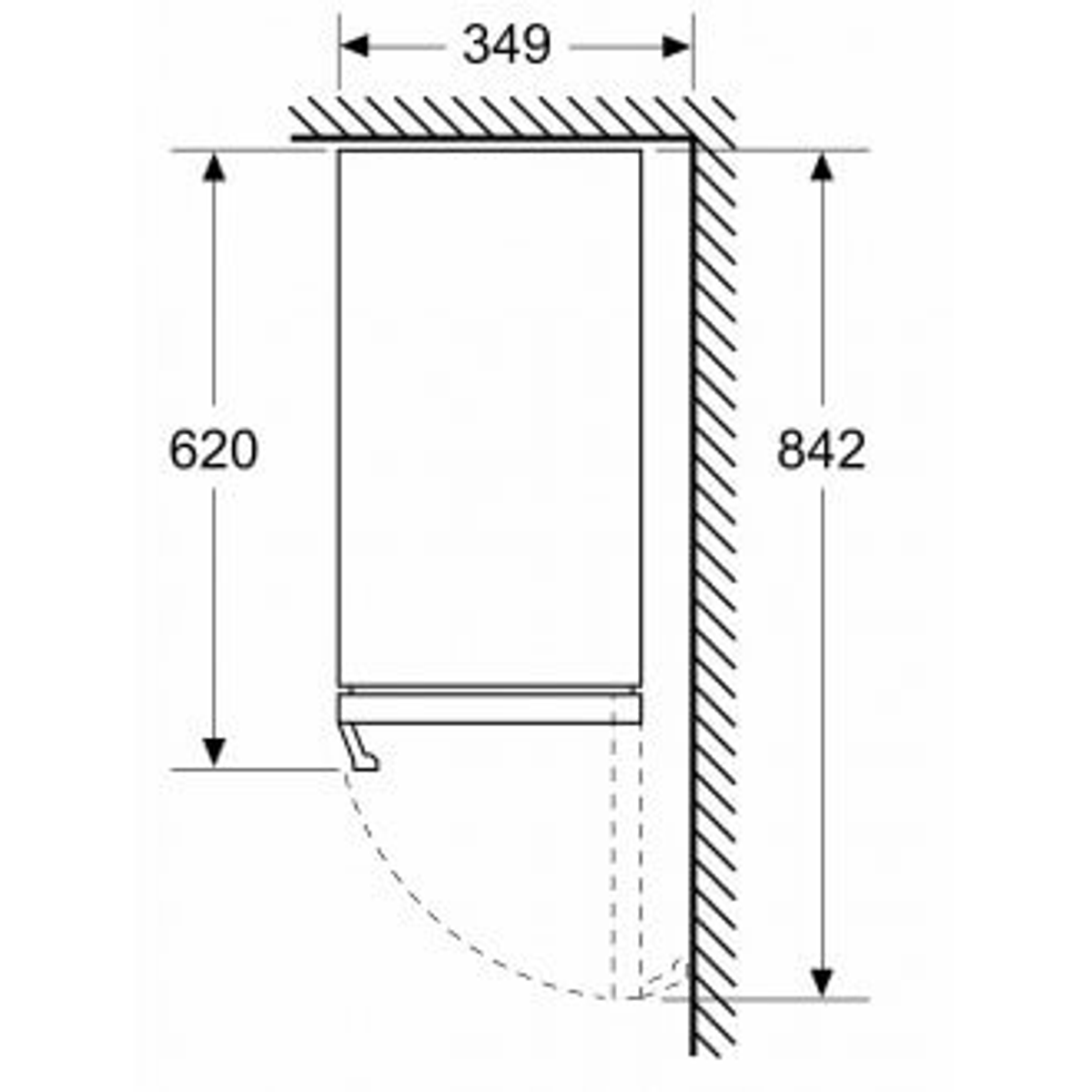 Schemat wymiarów lodówki; 620 mm wysokości, 349 mm szerokości.