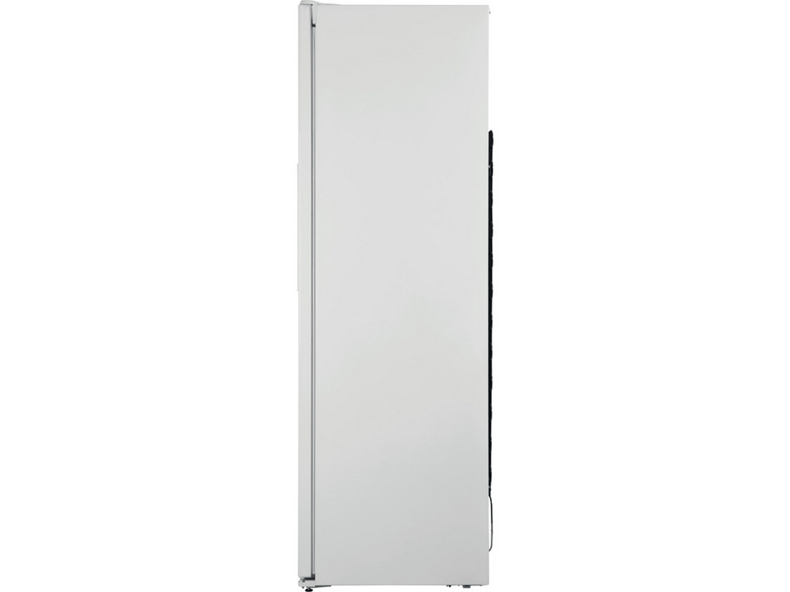 Biała lodówka. Widok z boku. Długie, białe drzwi. Białe tło.