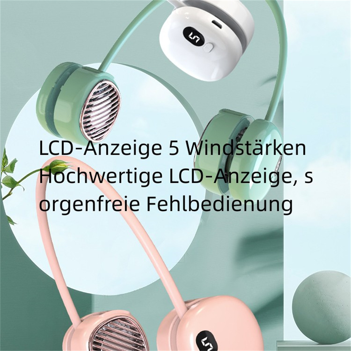 Nackenbandventilator mit LCD-Anzeige mit deutschem Text. Pinke und mintgrüne Farben.