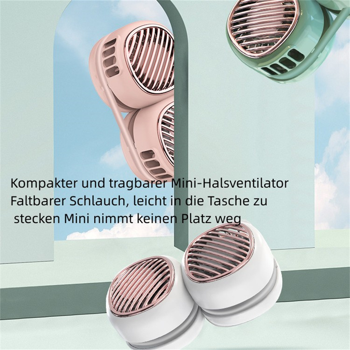 Halsventilatoren in Rosa und Weiß, mit blauem Himmel im Hintergrund.