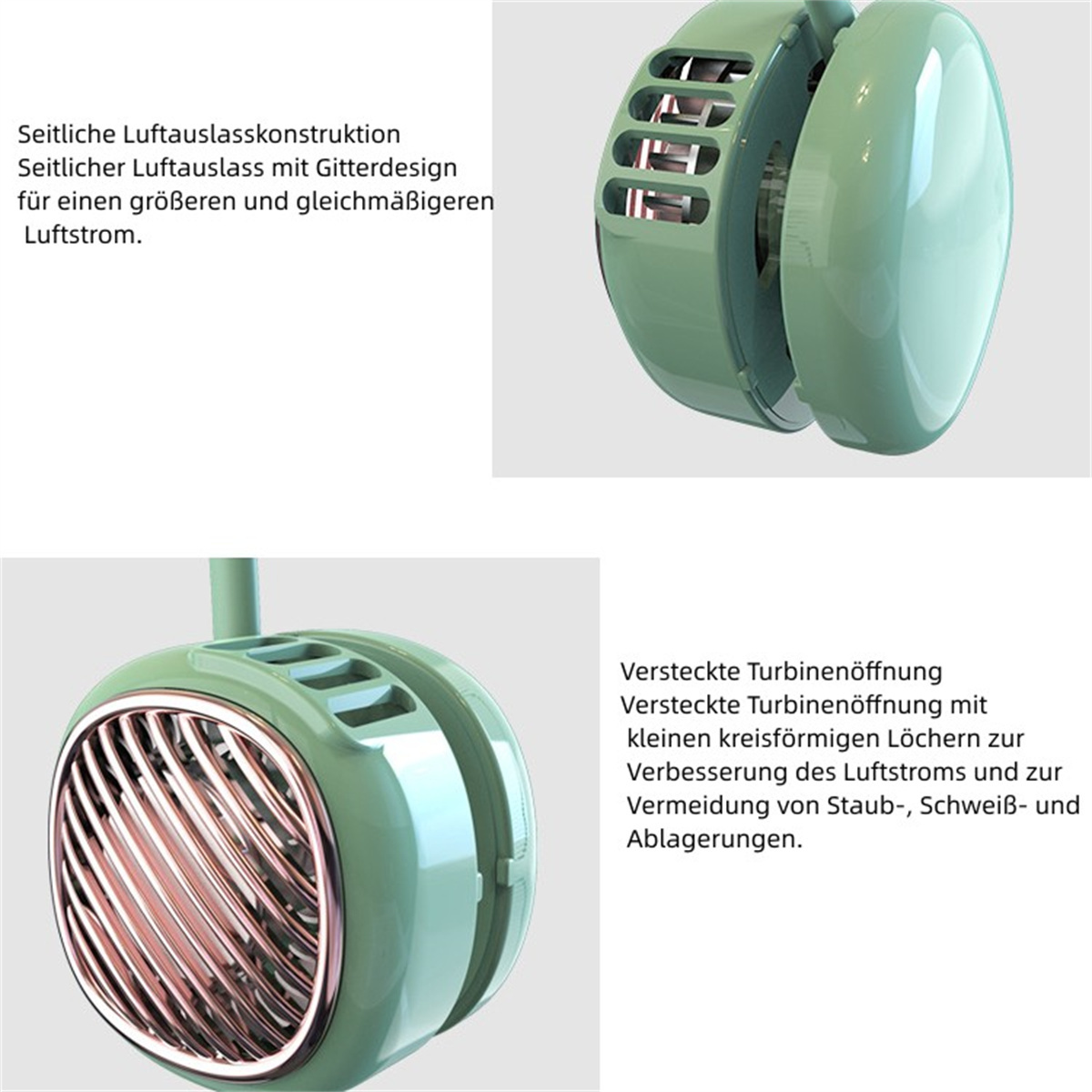 Grüner Nackenventilator mit roségoldenen Akzenten. Er hat ein einzigartiges Design mit Luftauslässen.