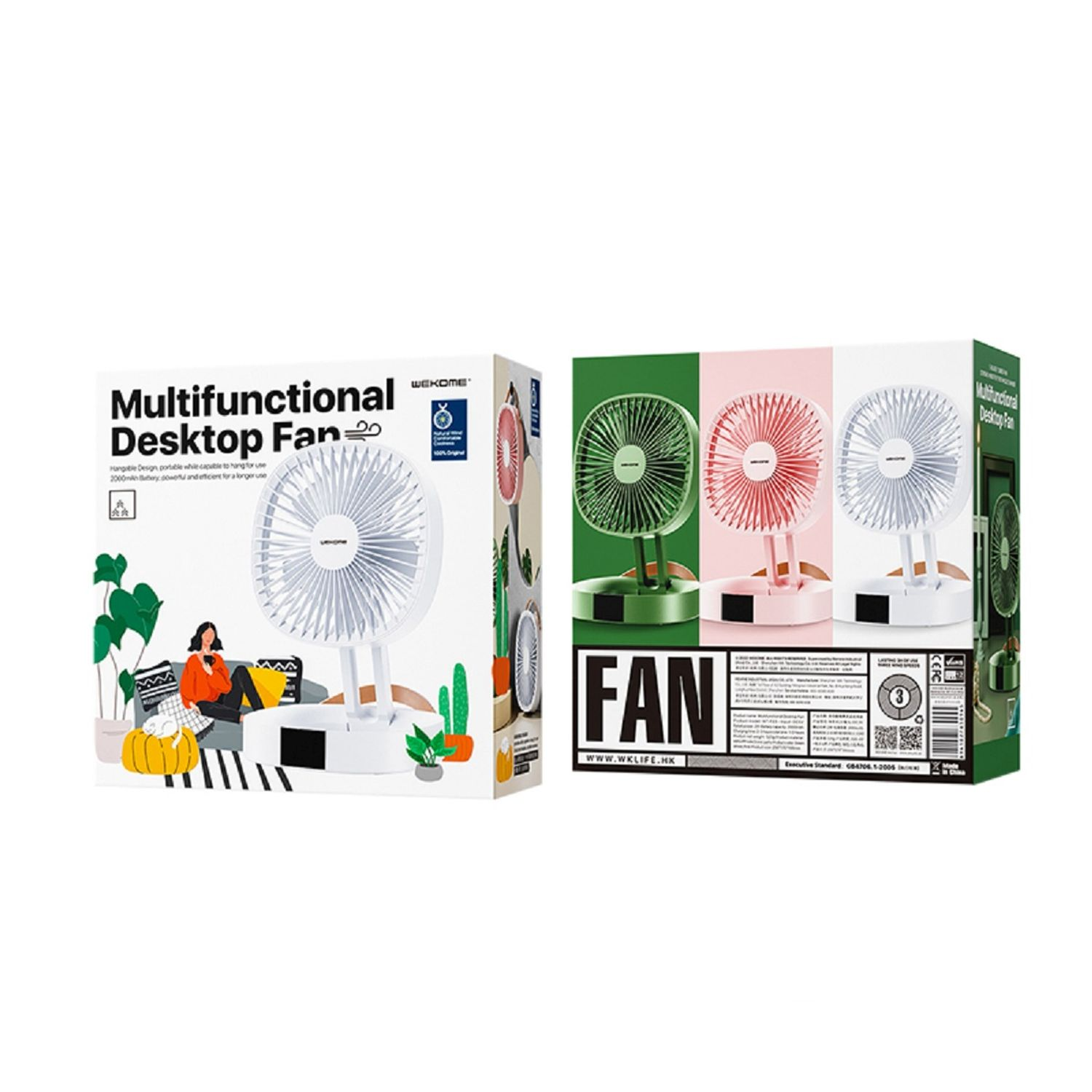 Multifunktionale Desktop-Ventilator-Box. Drei farbige Ventilatoren. Weißer Hintergrund.
