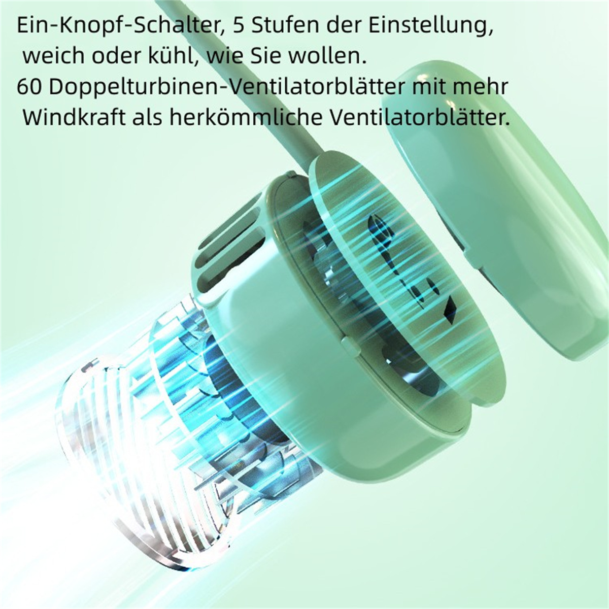 Nahaufnahme eines zerlegten grünen Geräts mit Innenteilen und einem Lüfter.
