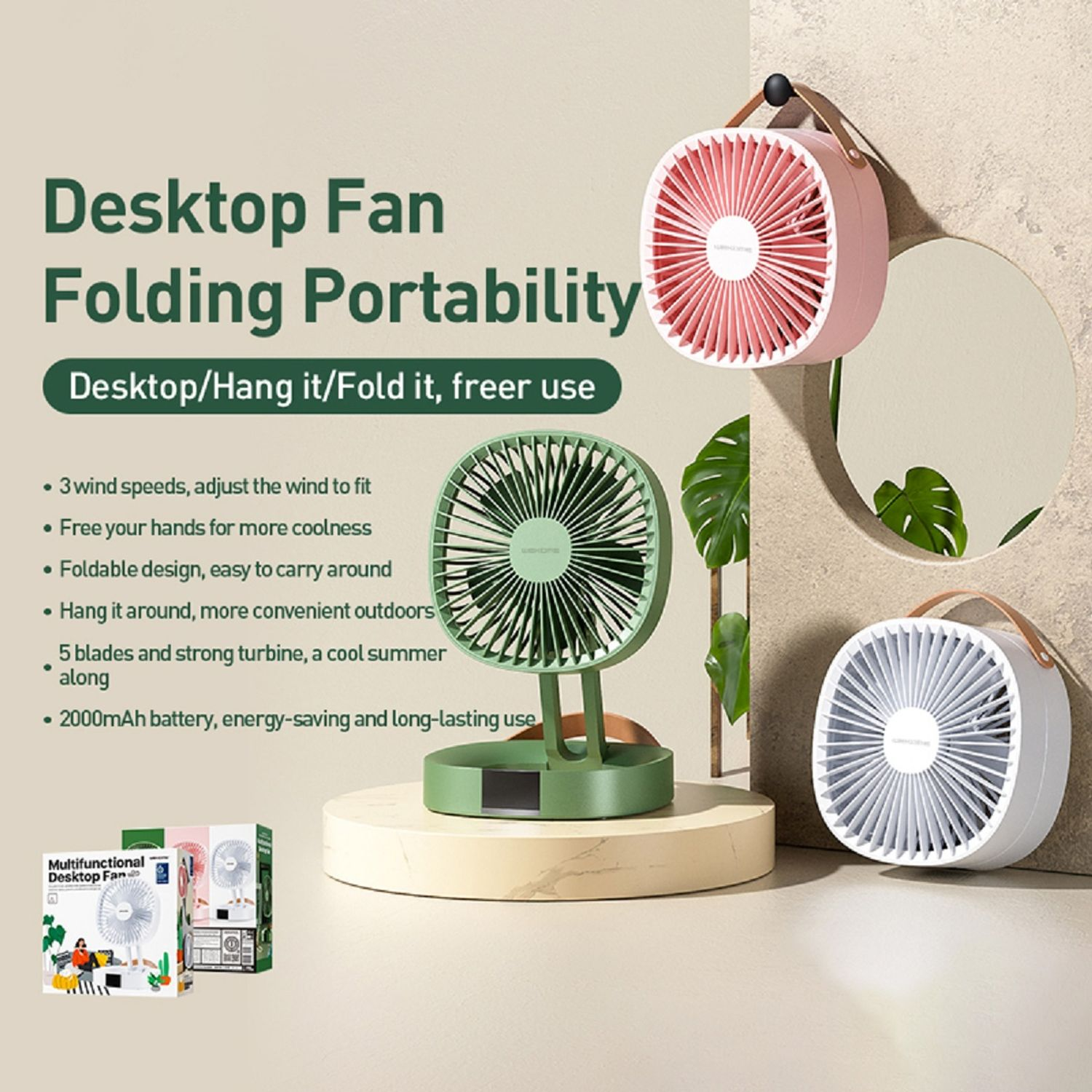Schreibtischventilator mit rosa, grünen und weißen Optionen, mit Text über seine Funktionen und Tragbarkeit.