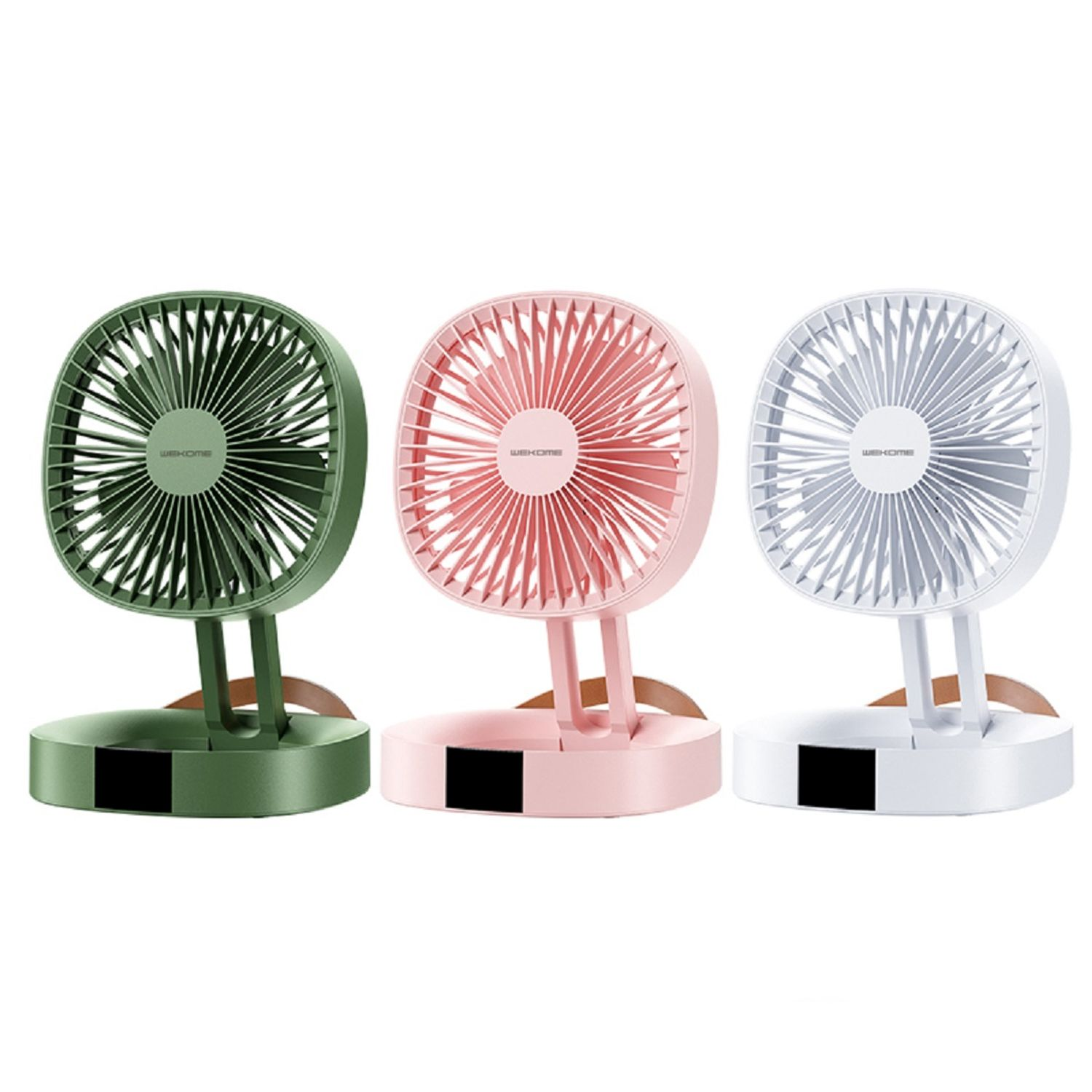 Drei bunte Mini-Ventilatoren: grün, rosa und weiß, auf weißem Hintergrund. Jeder ist offen.