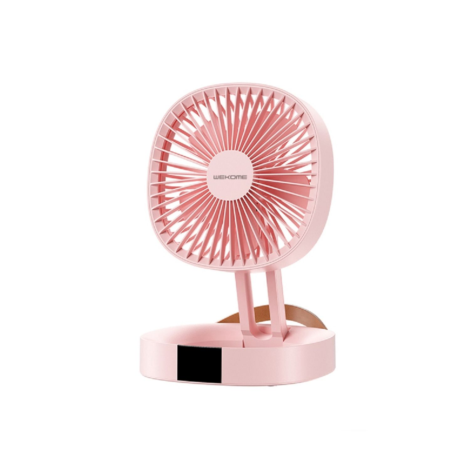 Ein rosa tragbarer Ventilator. Er ist verstellbar und hat einen schwarzen Bildschirm.