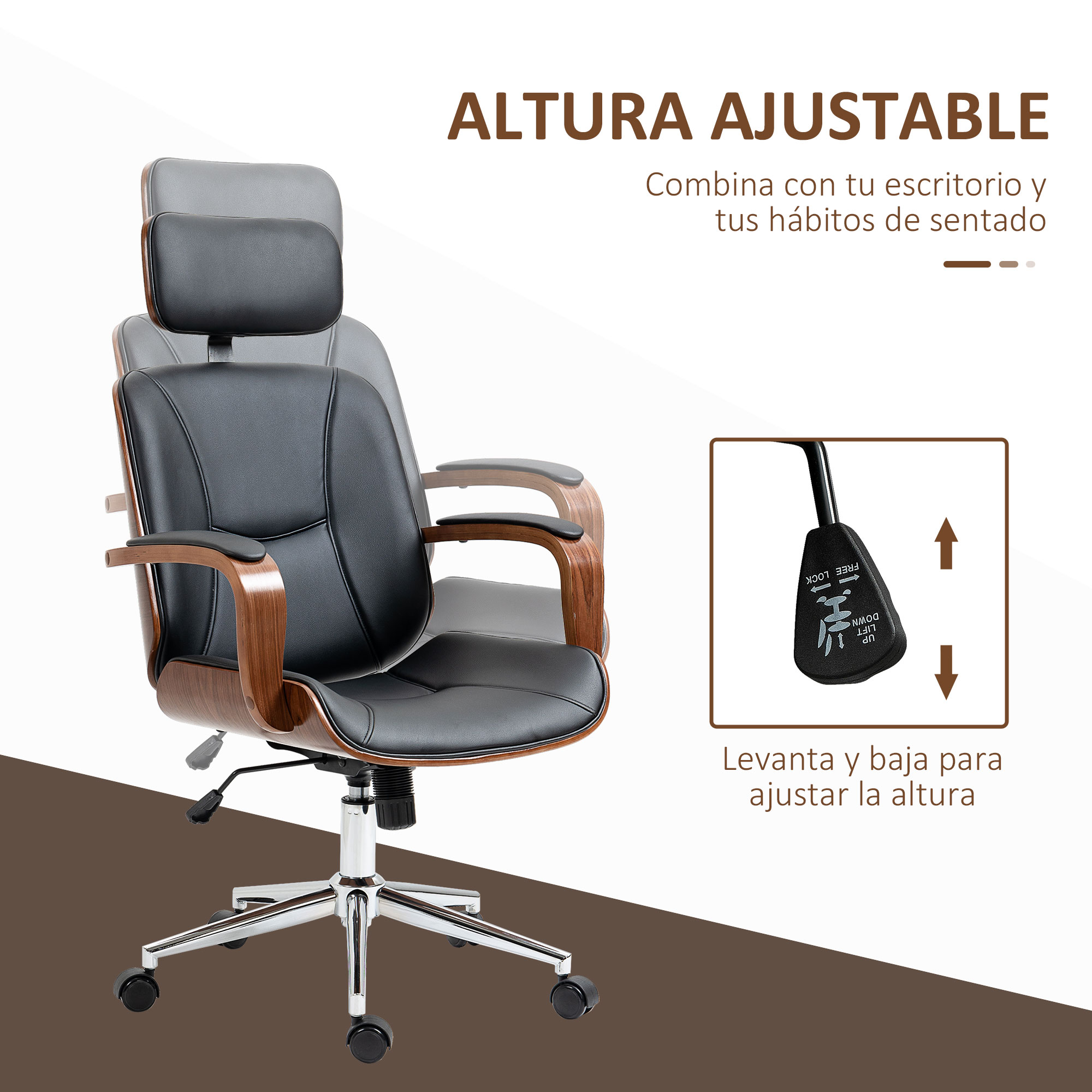 Silla de oficina negra y color madera, con reposacabezas ajustable y palanca para ajustar la altura.