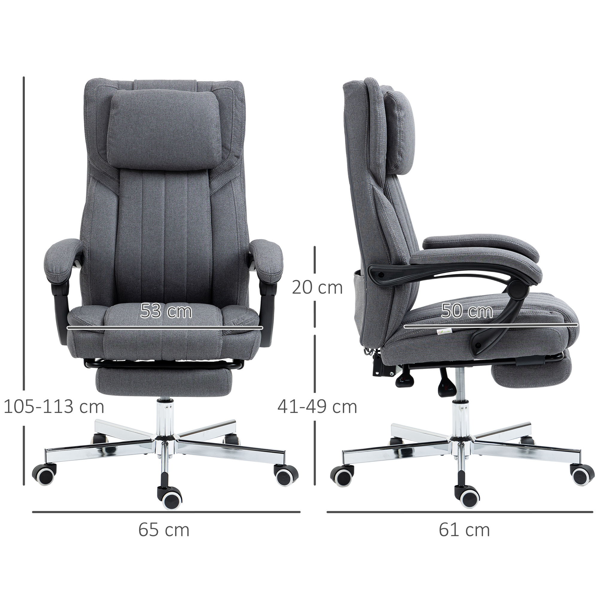 Grauer ergonomischer Bürostuhl mit beschrifteten Abmessungen. Er hat eine Kopfstütze, Armlehnen und eine Fußstütze.