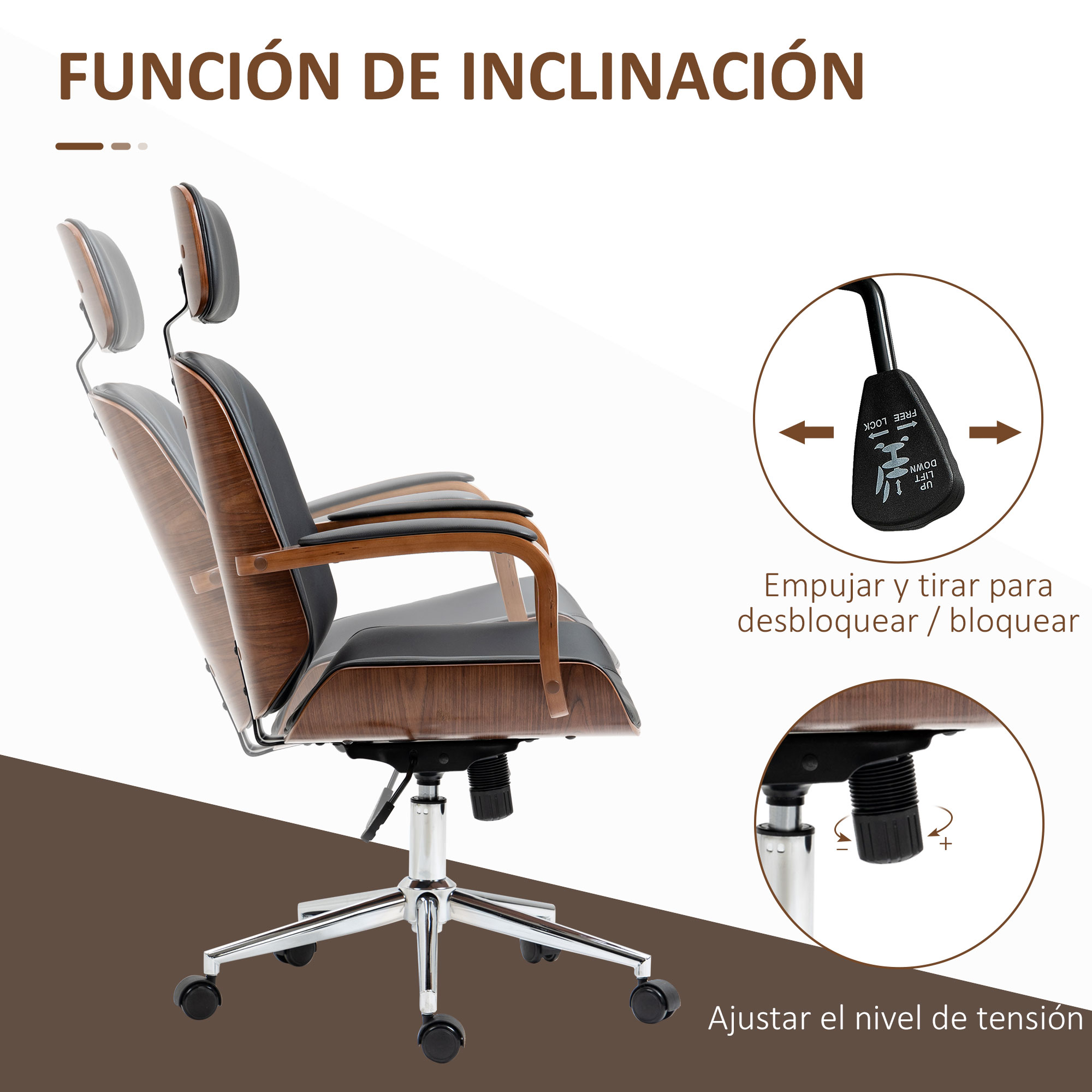 Silla de oficina con detalles de madera, asiento negro, base cromada y reposacabezas. Inclinación.