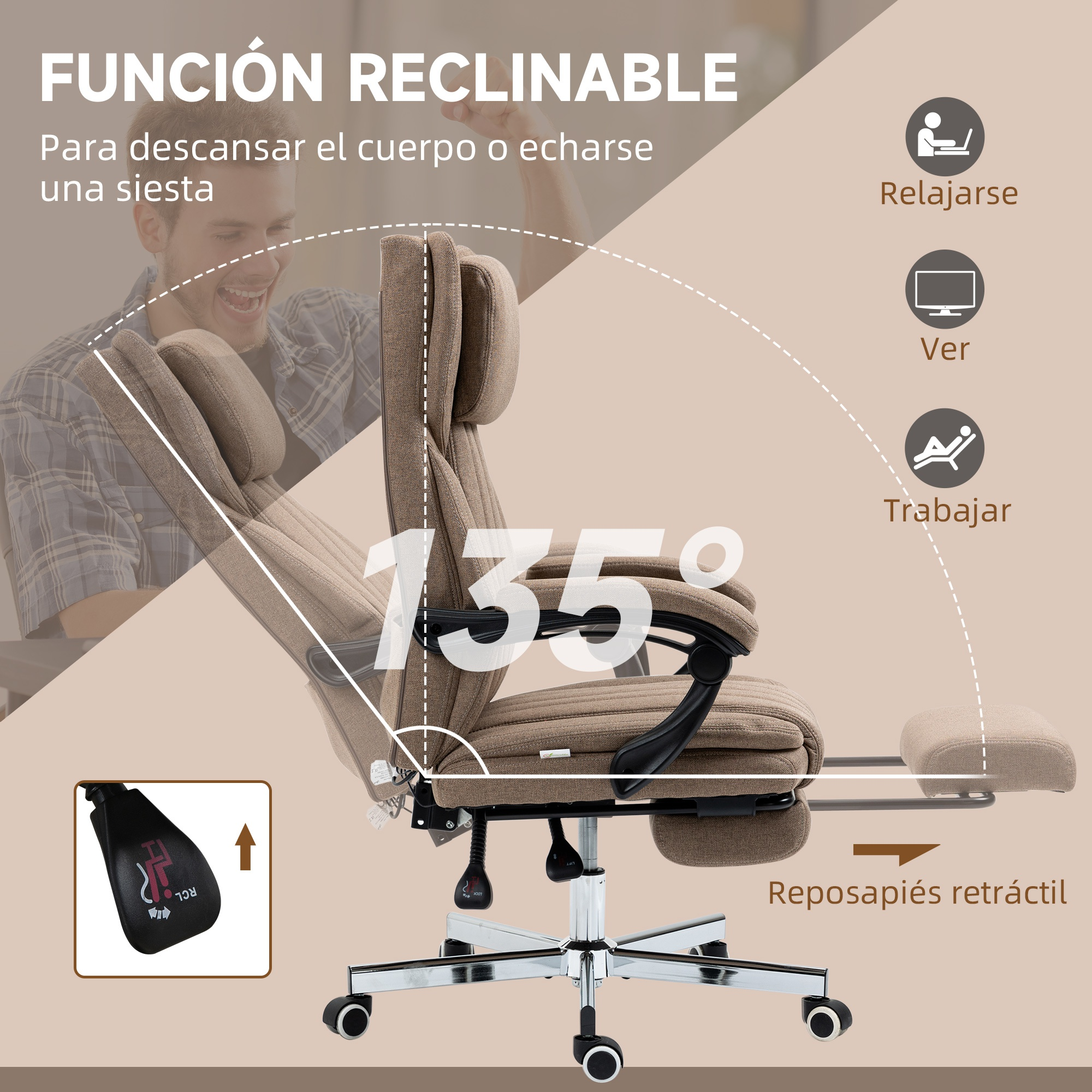 Silla de oficina beige reclinada a 135 grados, con reposapiés e ilustraciones.
