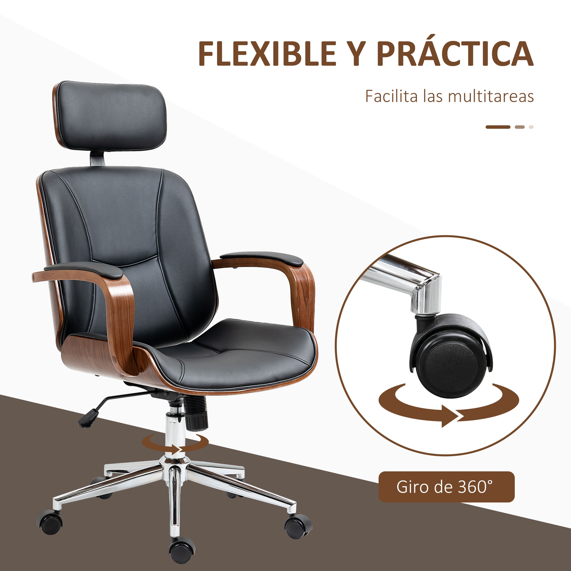 Silla de oficina ergonómica, detalles de madera marrón, cuero negro, giro 360°.