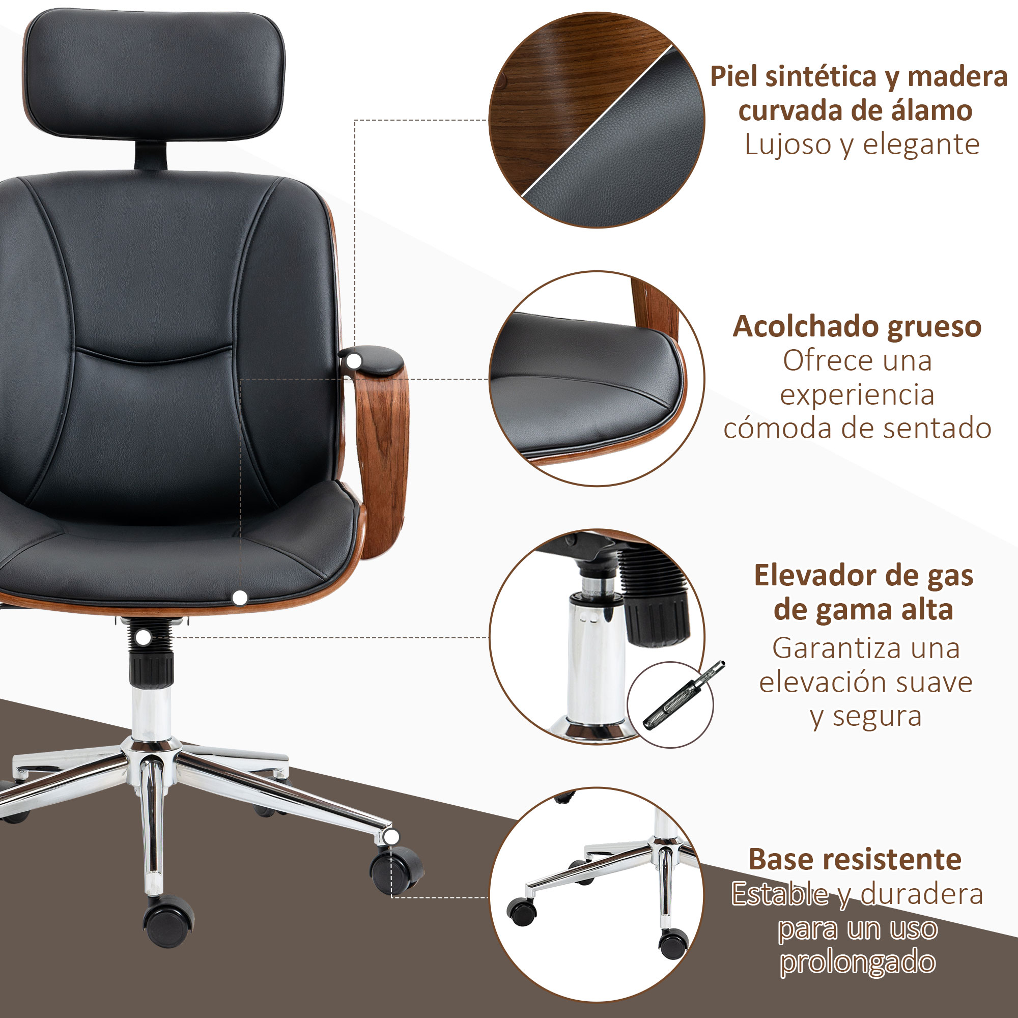 Silla de oficina negra con detalles de madera. Vista detallada de materiales y características.