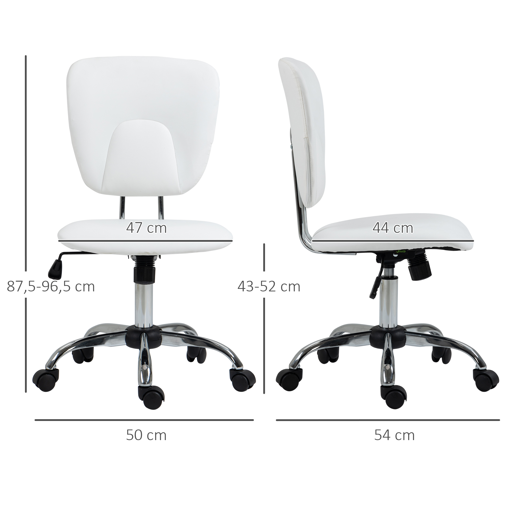 Silla de oficina blanca con dimensiones.