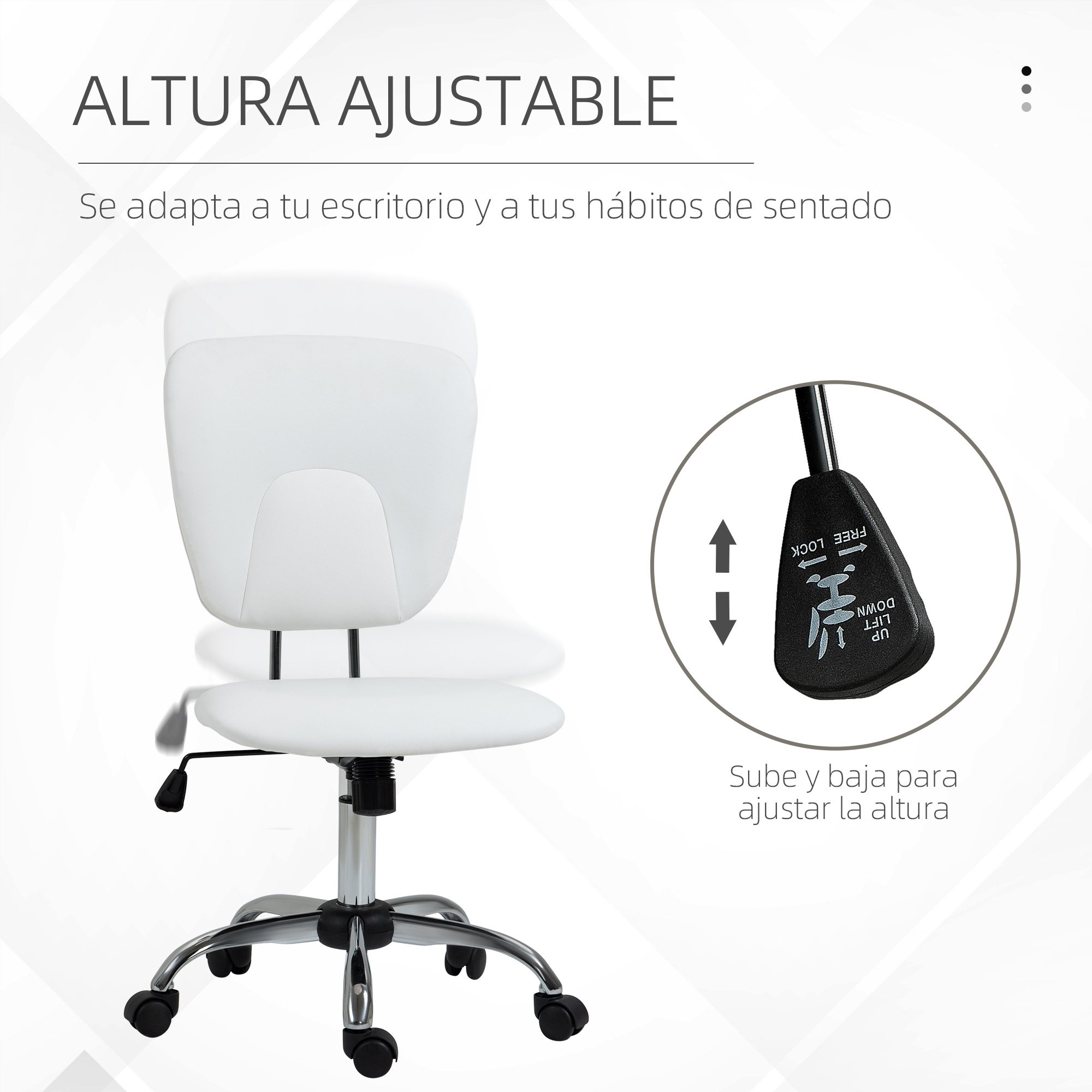 Silla de oficina blanca con altura ajustable. Base plateada con ruedas. Fondo blanco.
