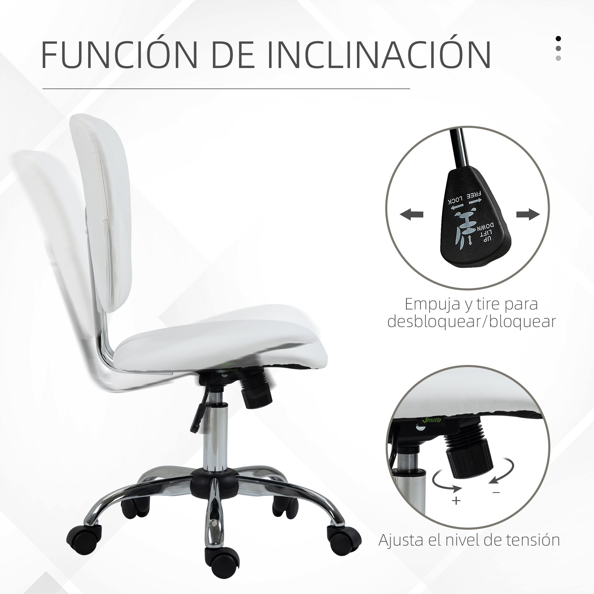 Silla de oficina blanca con base cromada, ruedas y controles de ajuste. La imagen incluye una descripción.