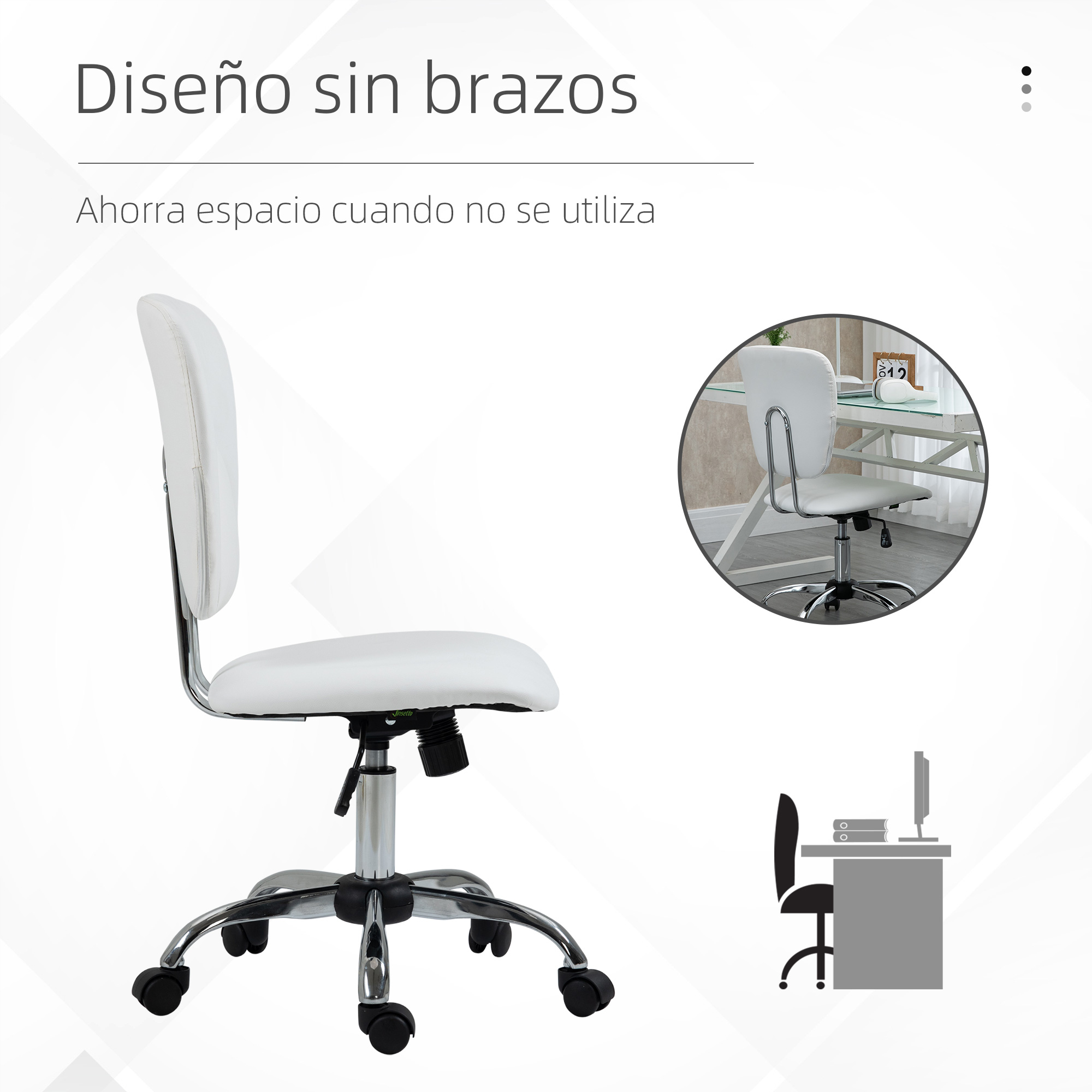 Silla de oficina blanca con base cromada, junto a escritorio con ordenador y dibujo.