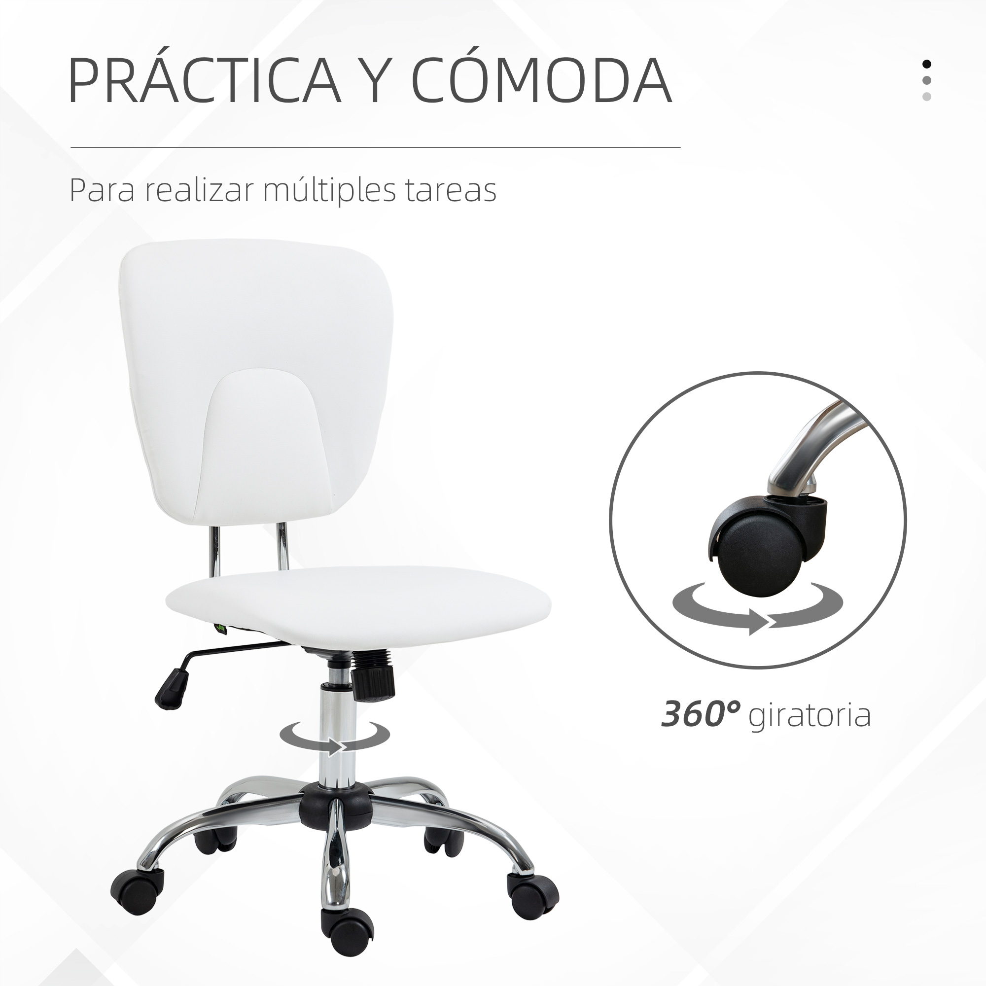 Silla de oficina blanca con base y ruedas cromadas. También se muestra un diagrama de rotación de 360 grados.