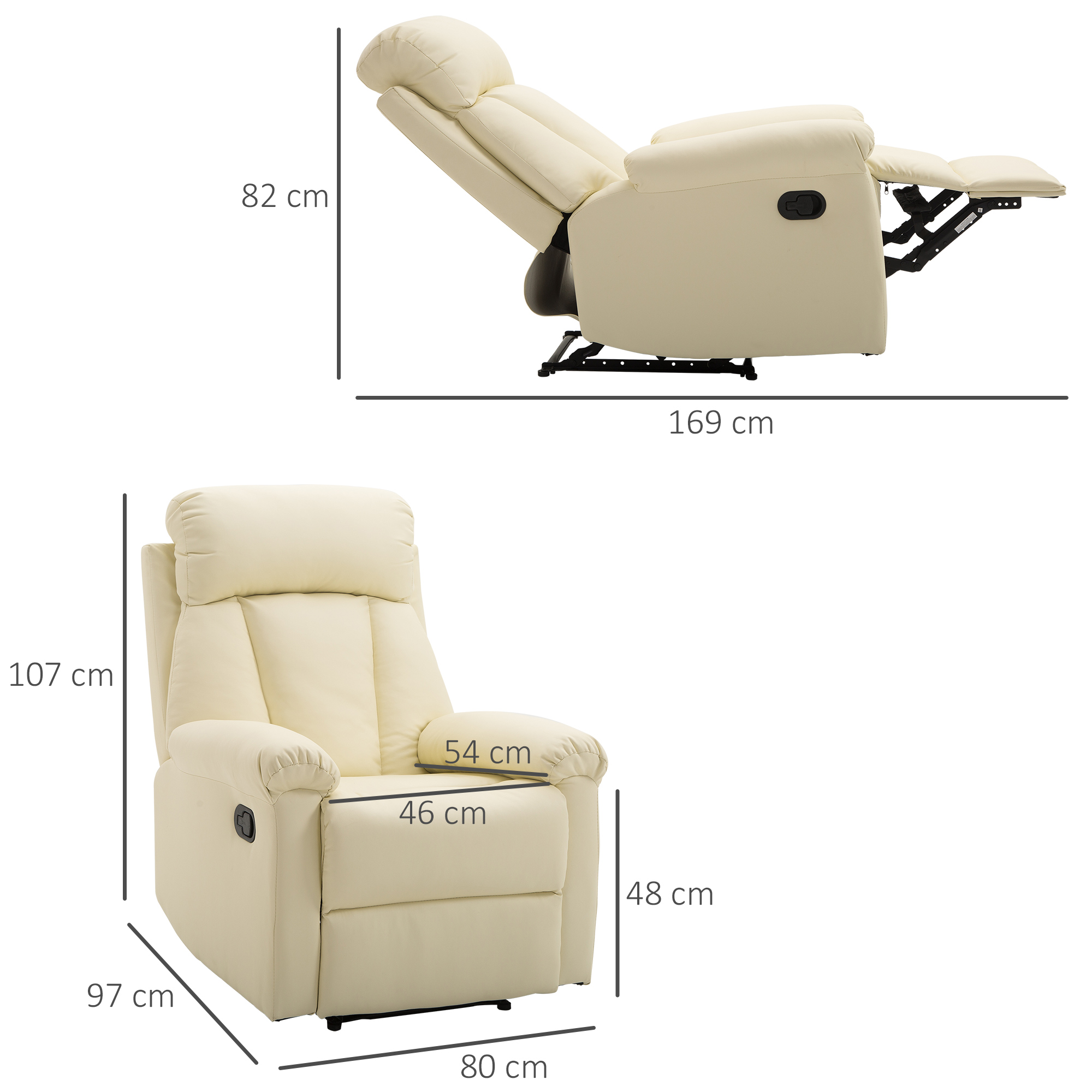 Una poltrona reclinabile color crema con dimensioni indicate.