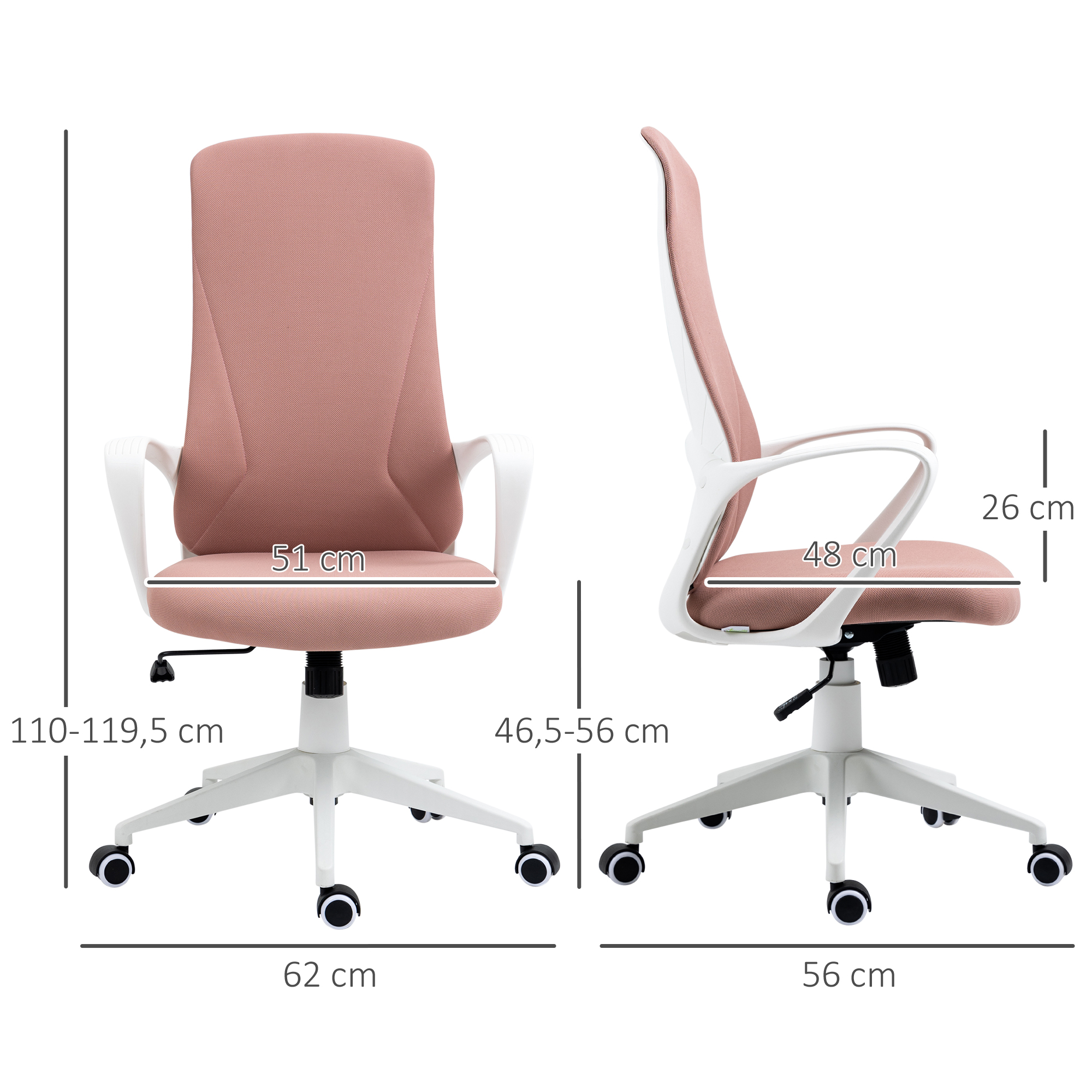 Una silla de oficina rosa con brazos y base blancos, las dimensiones se muestran en la imagen.