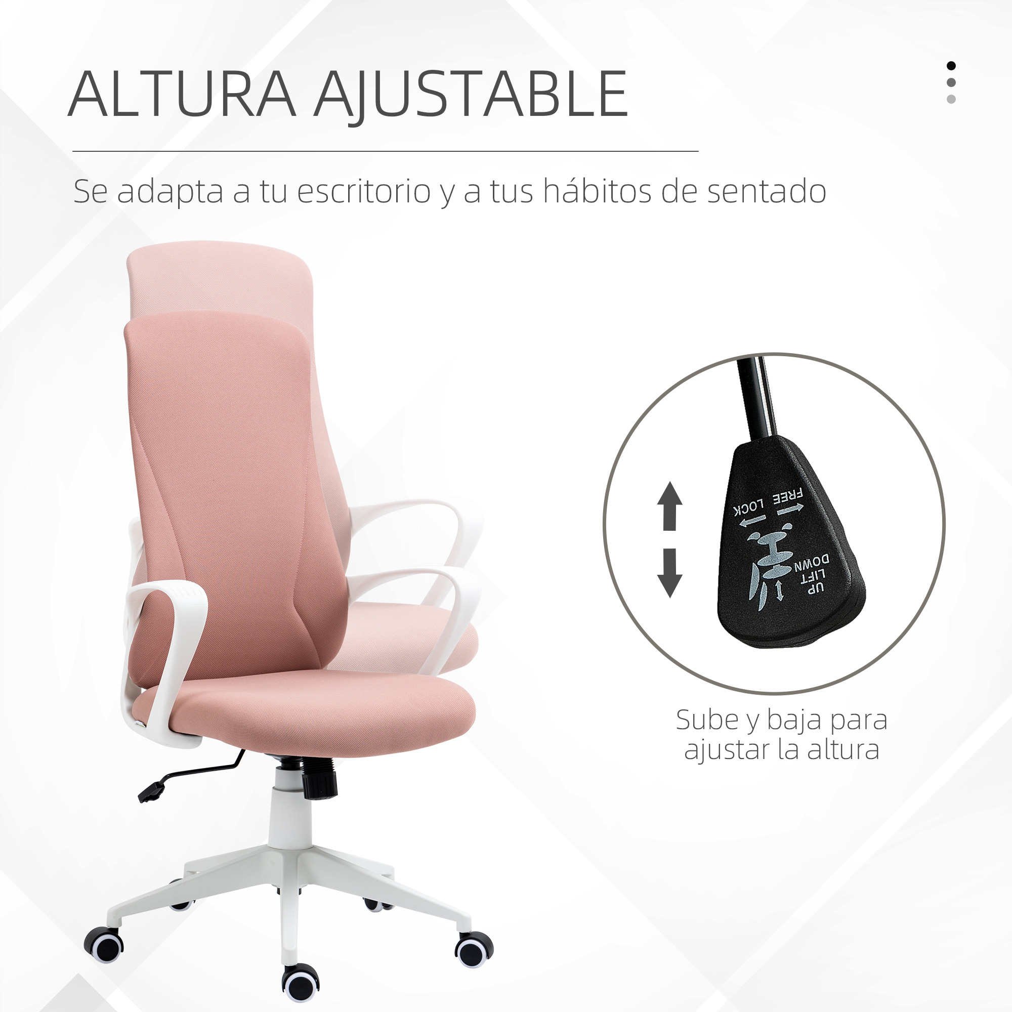 Silla de oficina rosa con marco blanco. Instrucciones de altura ajustable. Fondo blanco.