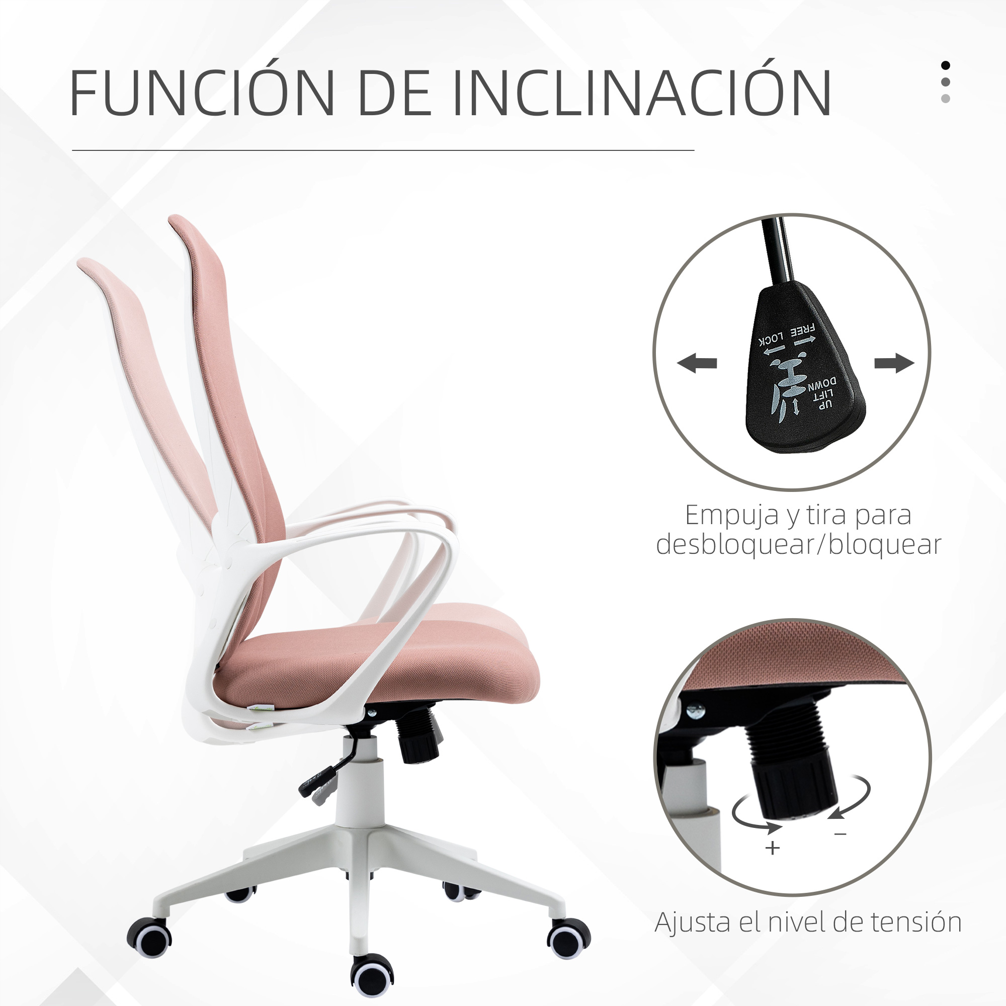 Silla de oficina blanca con respaldo y asiento de malla rosa. Muestra ajustes y detalles.