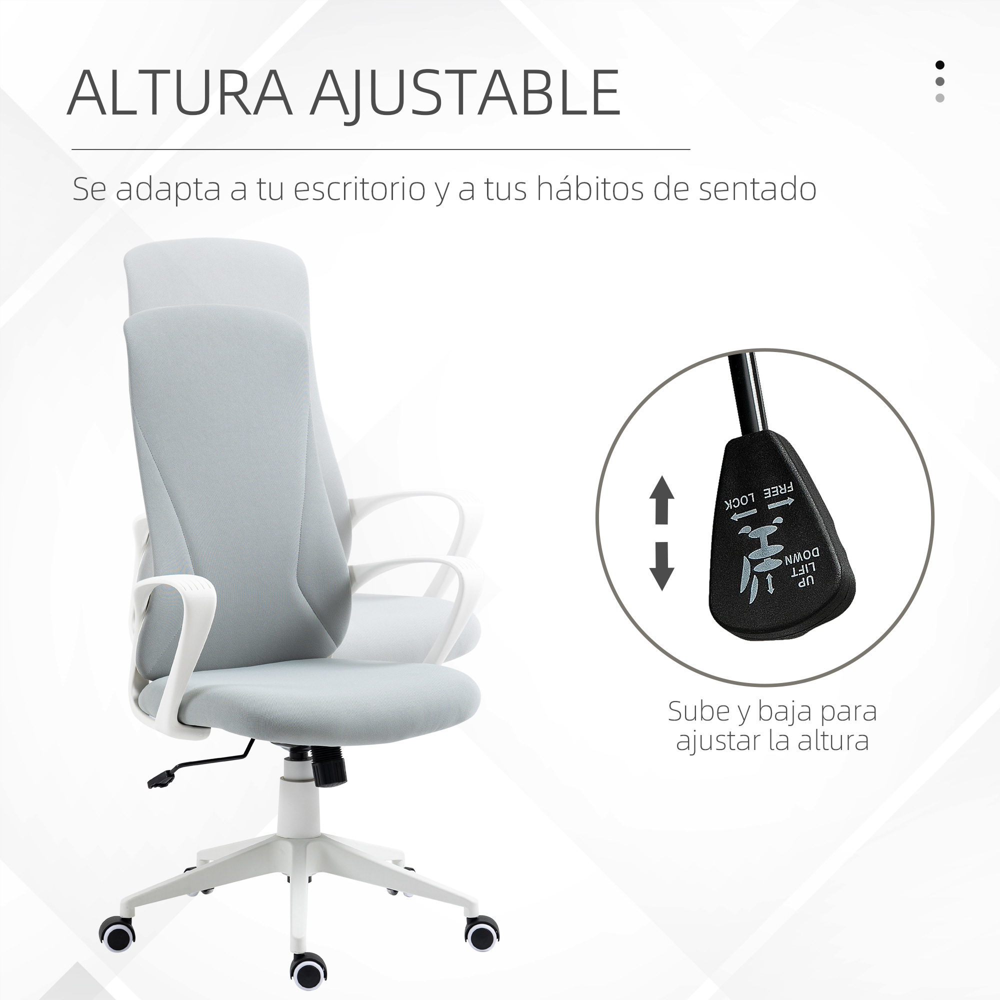 Una silla de oficina con función de altura ajustable, que muestra las instrucciones de ajuste arriba/abajo.