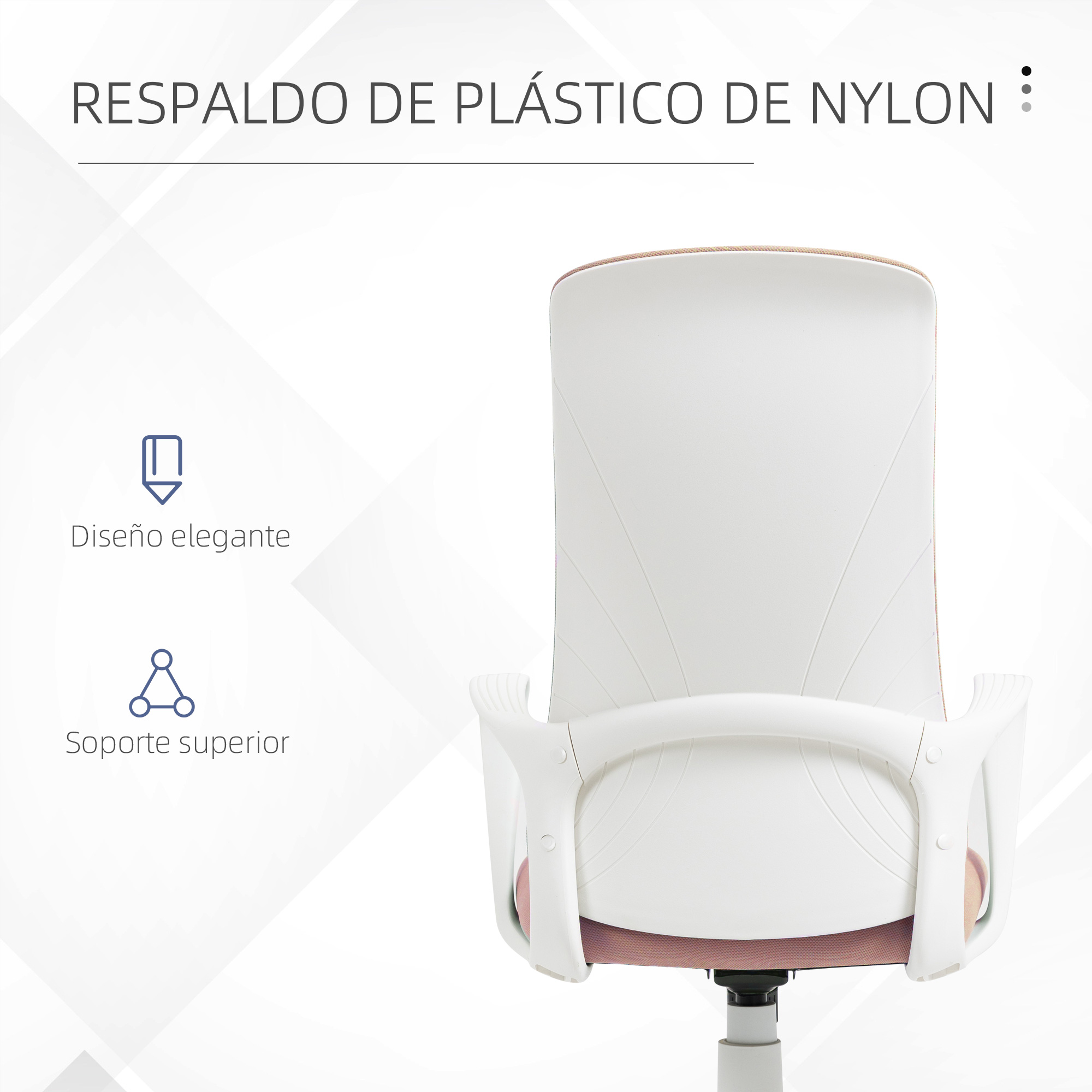 Respaldo de silla de oficina blanco y rosa con texto sobre plástico de nailon.