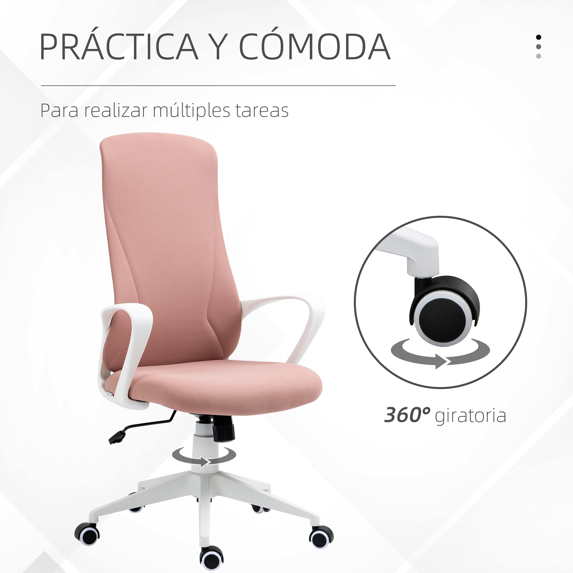 Silla de oficina rosa sobre base blanca con reposabrazos blancos y rueda giratoria.