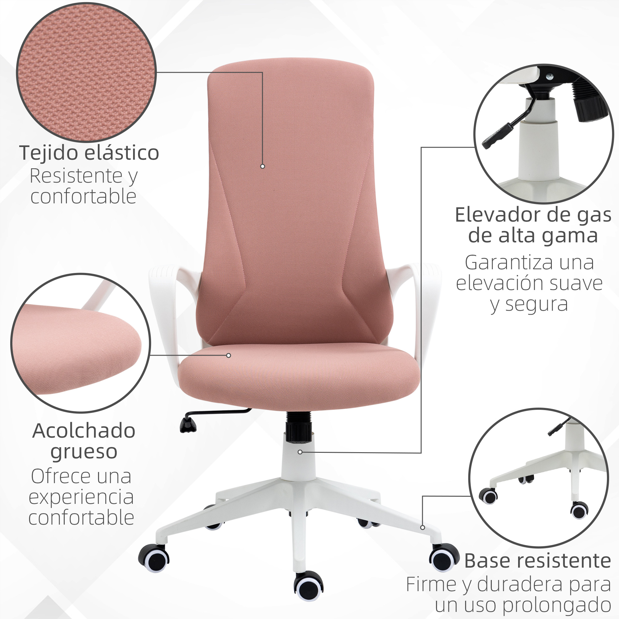 Una silla de oficina rosa con base blanca. Tiene respaldo alto, asiento acolchado y reposabrazos.