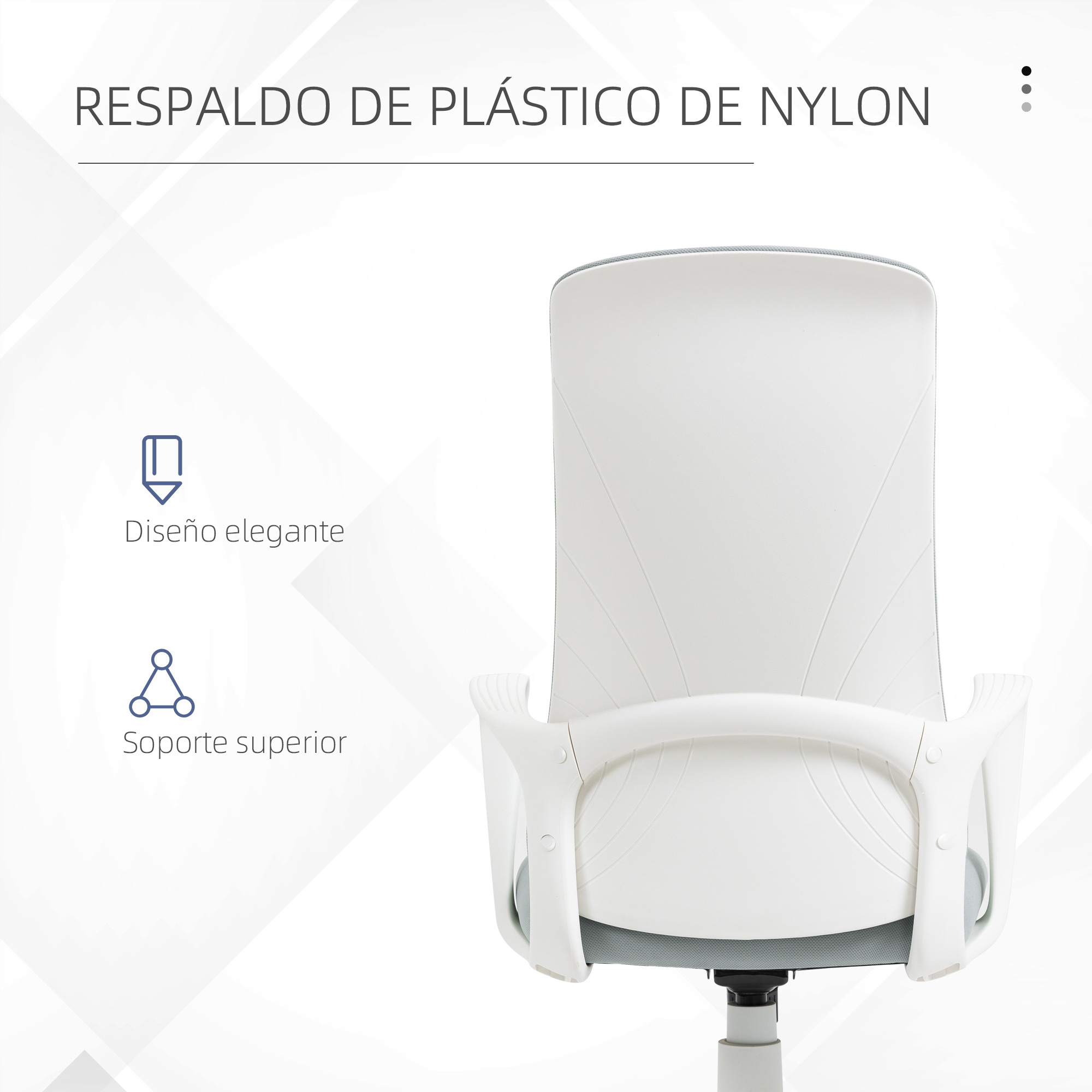 Silla con respaldo de plástico de nylon blanco, diseño elegante y soporte superior. Tiene un asiento gris claro.