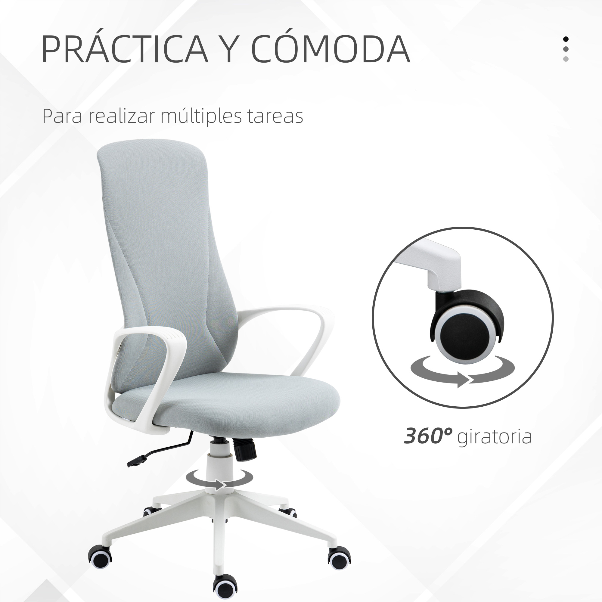 Una silla de oficina gris con marco blanco. Tiene giro 360 grados y ruedas. El texto dice 'práctica y cómoda'.