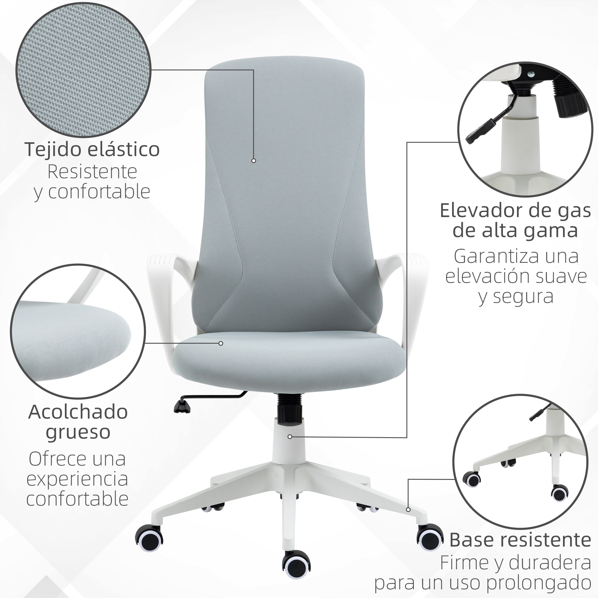 Una silla de oficina con etiquetas que señalan sus características: tejido elástico, elevador de gas y base duradera.