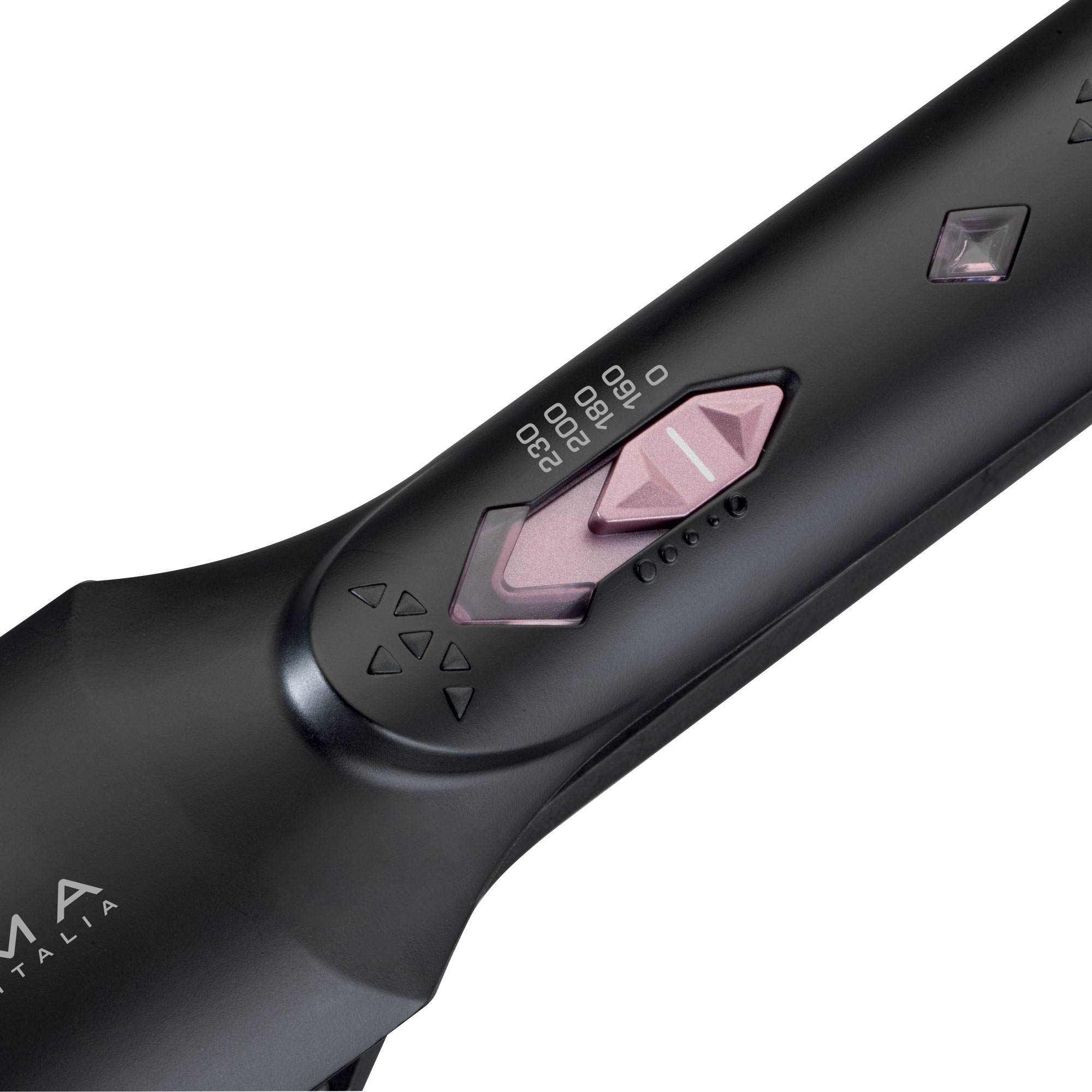 Piastra per capelli nera con impostazioni della temperatura, primo piano.