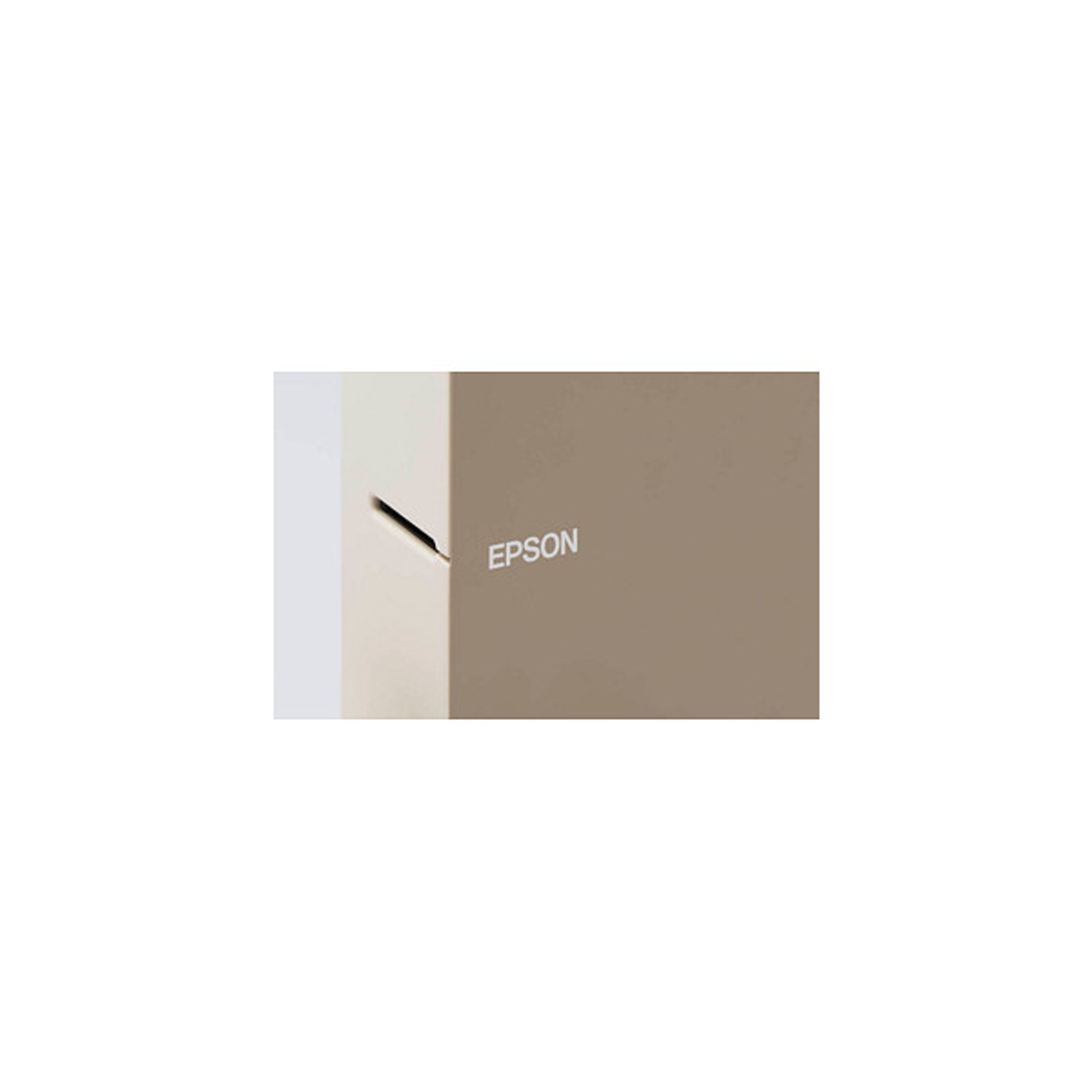 Epson-Logo auf beigefarbener Oberfläche, mit teilweise im Bild befindlichem Stift.