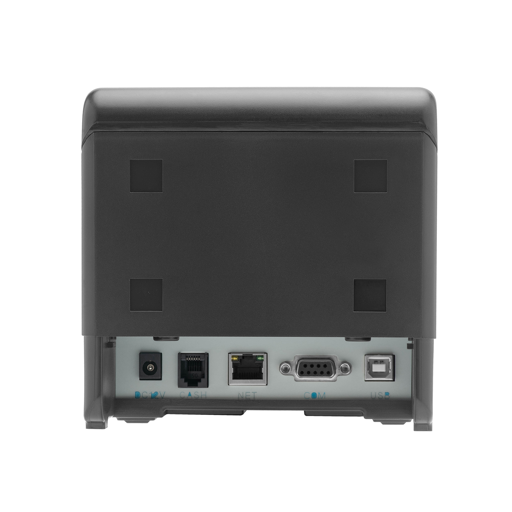 Dispositivo rectangular negro. Puertos: DC12V, LAN, COM y USB. Vista trasera, fondo blanco.