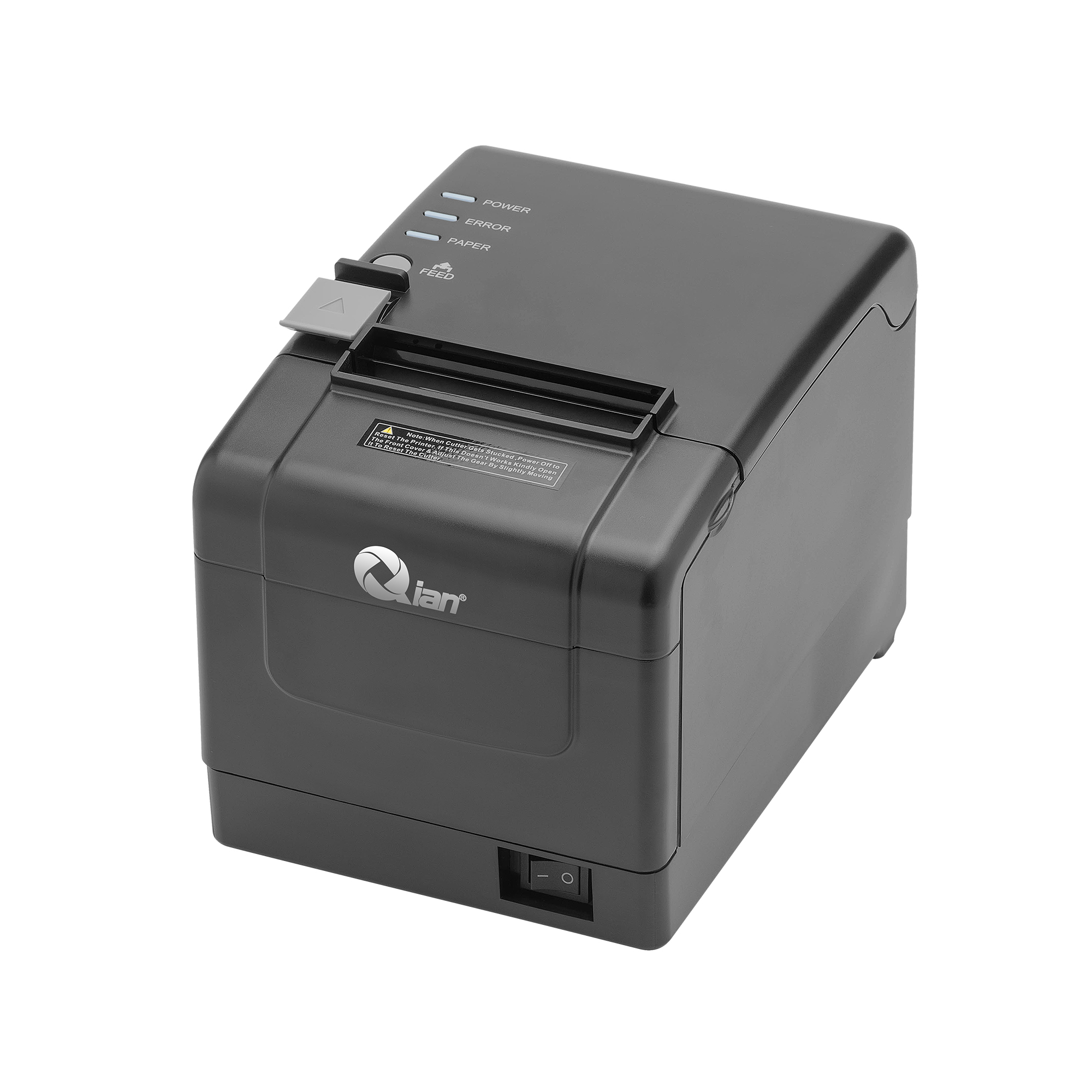 Una impresora térmica negra con luces de encendido, error, papel y avance.